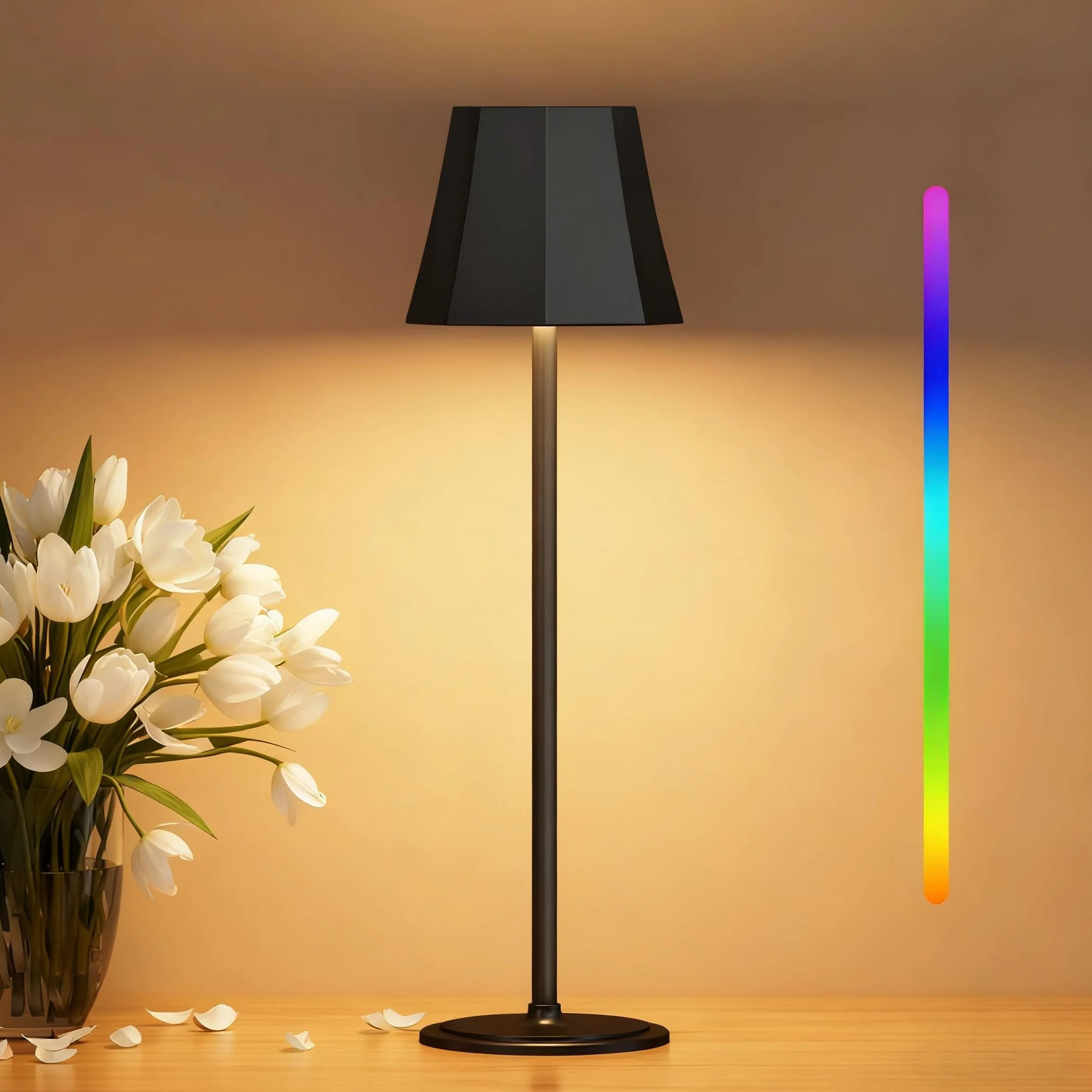 Suright Lámpara de Mesa Sin Cable 3 Temperaturas de Color RGB Recargable Brillo Ajustable 2 Alturas IP54 Impermeable