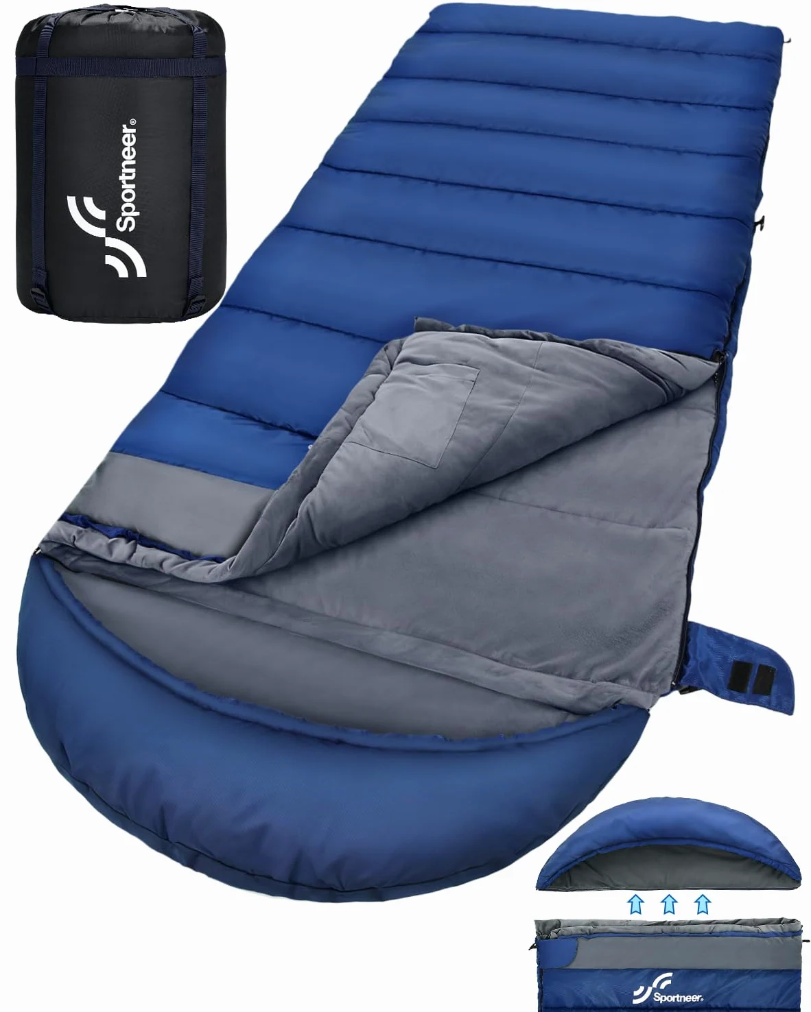 Sportneer Saco de Dormir Adulto Invierno, 230×90cm Saco Dormir Capucha Desmontable – Cálido y Suave, Impermeable y Portátil, Ideal para Camping,Temperatura -5°C a 15°C