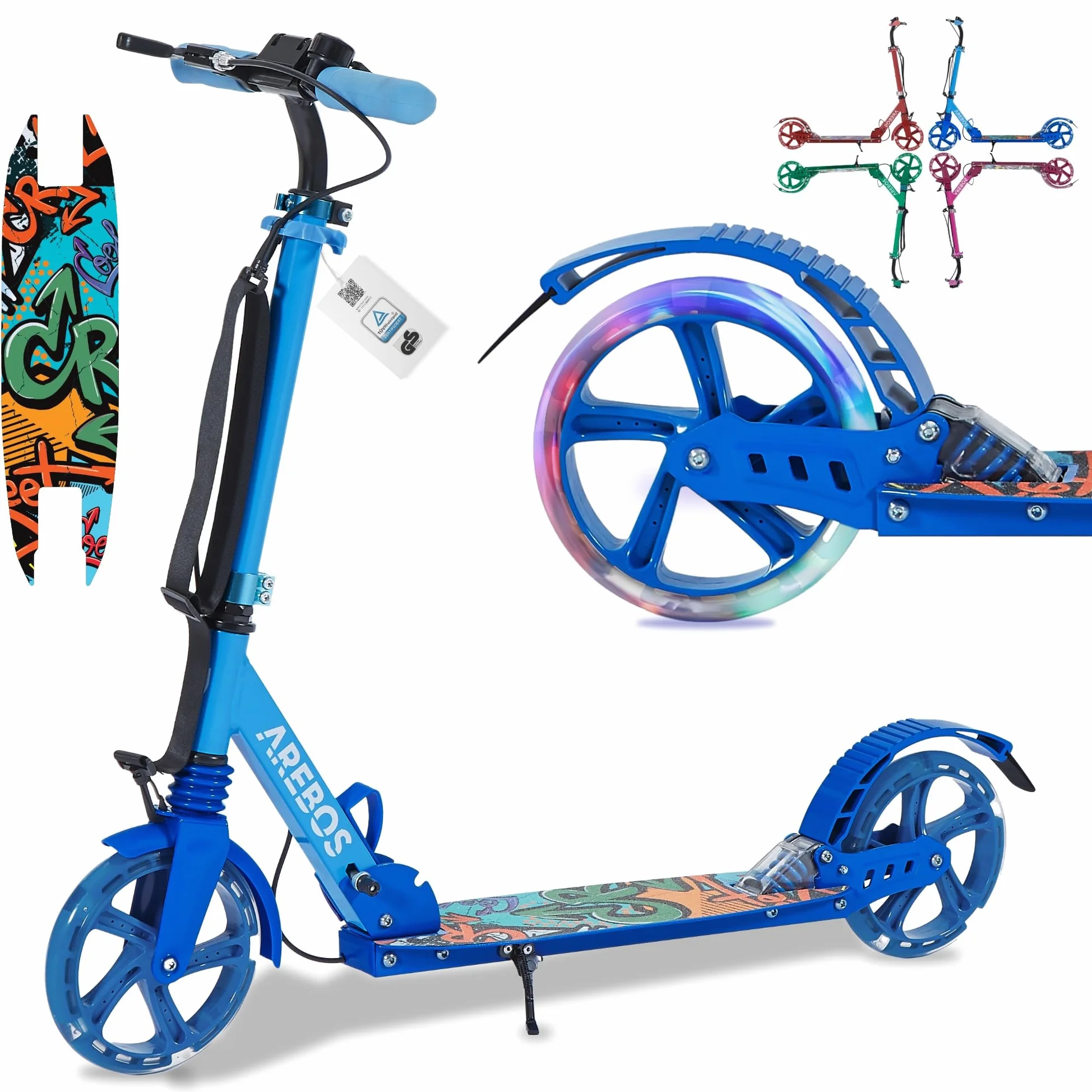Arebos City Scooter Patinete a Pedales Azul Regulable en Altura Plegable Ruedas LED Freno de Pedal Manual