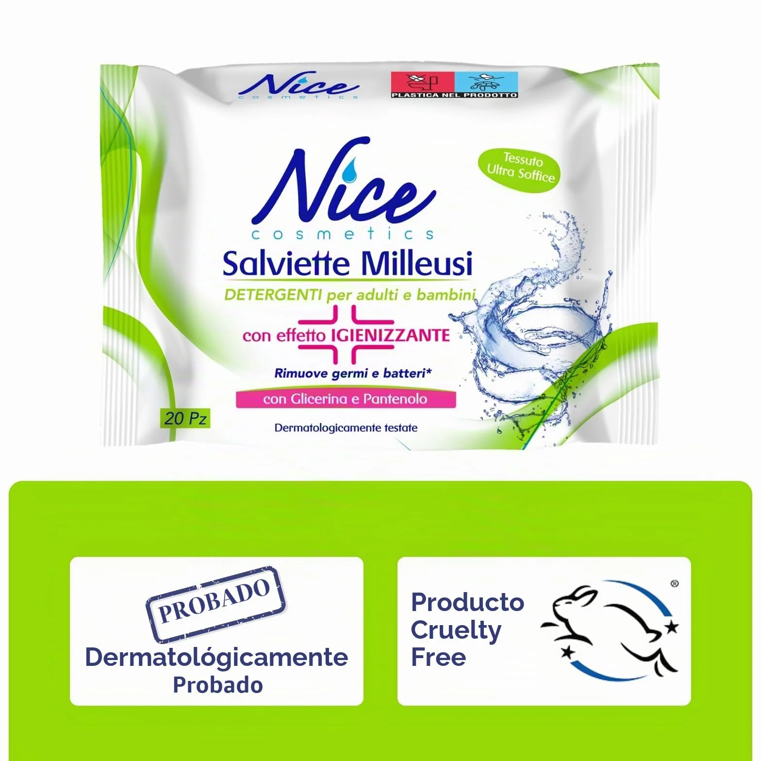 Nice Toallitas Desinfectantes Milleusi - Paquete de 20 Toallitas con Glicerina y Pantenol