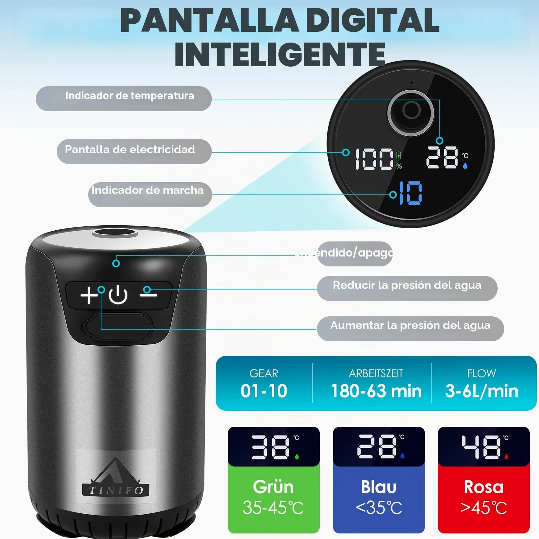 Ducha de camping con bomba, ducha portátil de camping con batería recargable de 8000 mAh, ducha móvil con indicador de temperatura, manguera de 2 m para camping, lavado de coche, ducha de