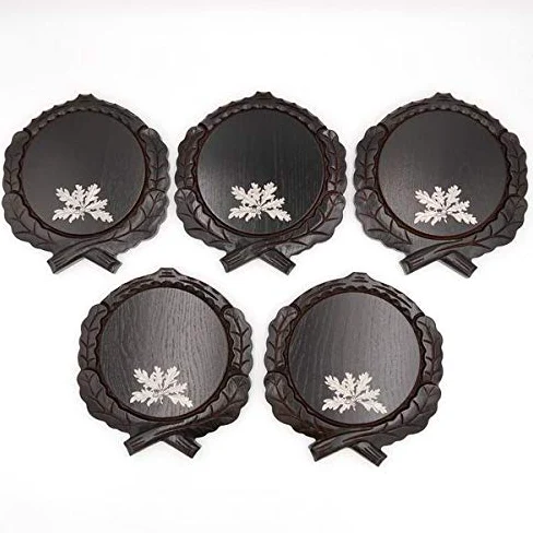 GTK - Juego de 5 placas de cuña talladas oscuras AF 17,5 cm con 5 hojas de roble de 6 hojas, portada, cuñas, tabla de especias, cartel para trofeos