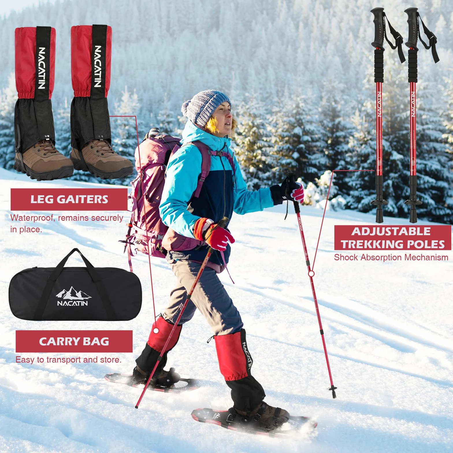 Kit de Raquetas de Nieve 4 en 1 para Hombres, Mujeres y Jóvenes, Raquetas Ligeras de Aluminio con Bastones de Senderismo Ajustables, Polainas Impermeables y Bolsa de Transporte (Rojo, 53/63/76cm)