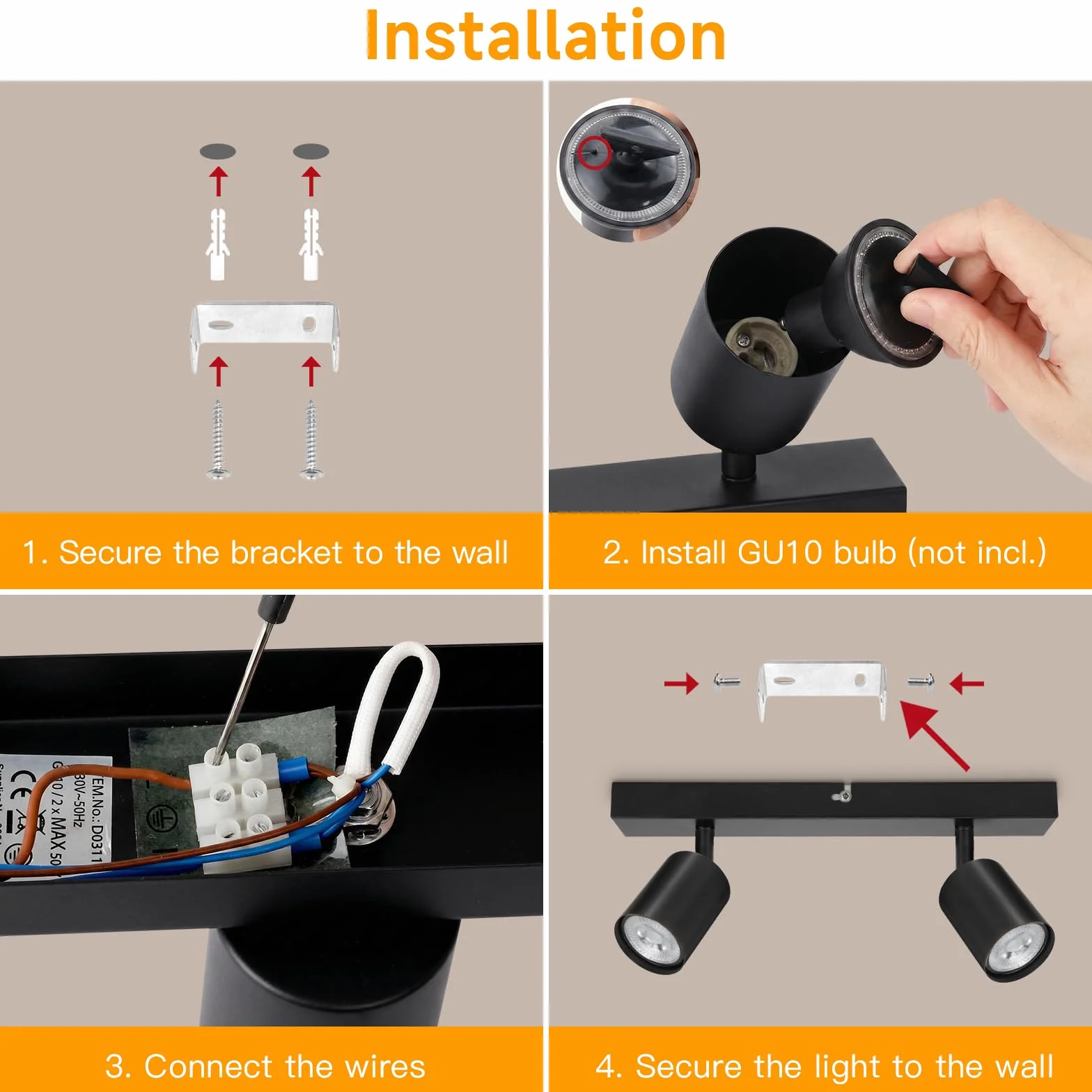 Lámpara de Techo 2 Focos Giratorios GU10, Lámpara de Pared LED Negro Ajustable, Iluminación Interior Dormitorio Pasillo Cocina