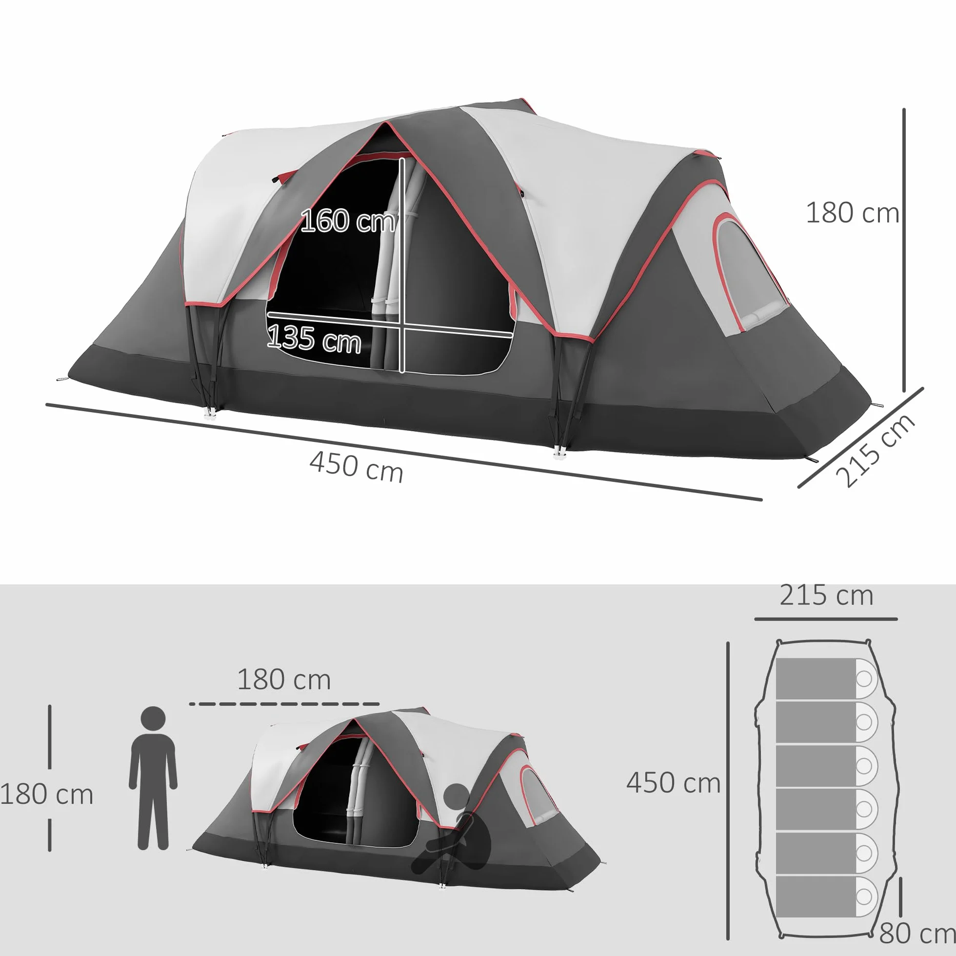 Outsunny Tienda de Campaña Familiar para 6-8 Personas Tienda de Camping Plegable con 2 Habitaciones y Bolsa de Transporte Impermeable para Senderismo 450x215x180 cm