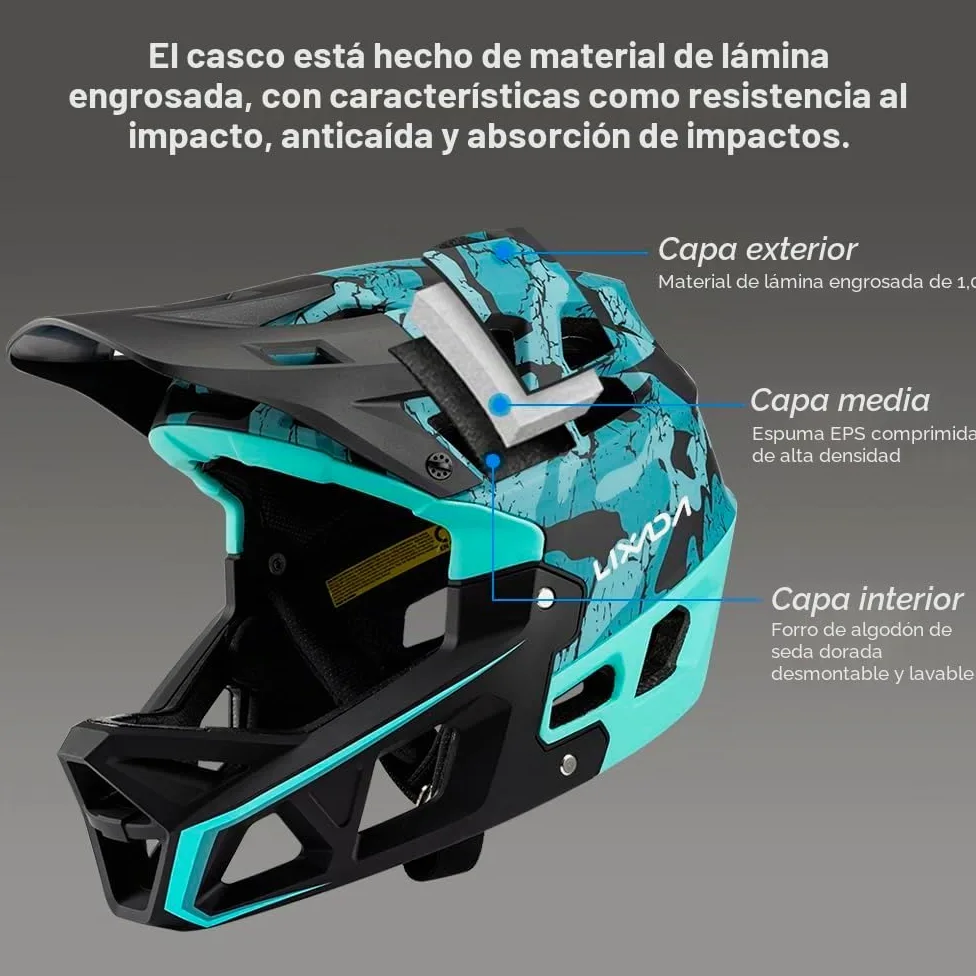 Lixada Casco Integral de Bicicleta de montaña para Adultos Racing Downhill MTB Casco para Hombres/Mujeres Casco de Bicicleta de montaña para Adultos de la Cabeza de 59-61 cm Casco de Bicicleta