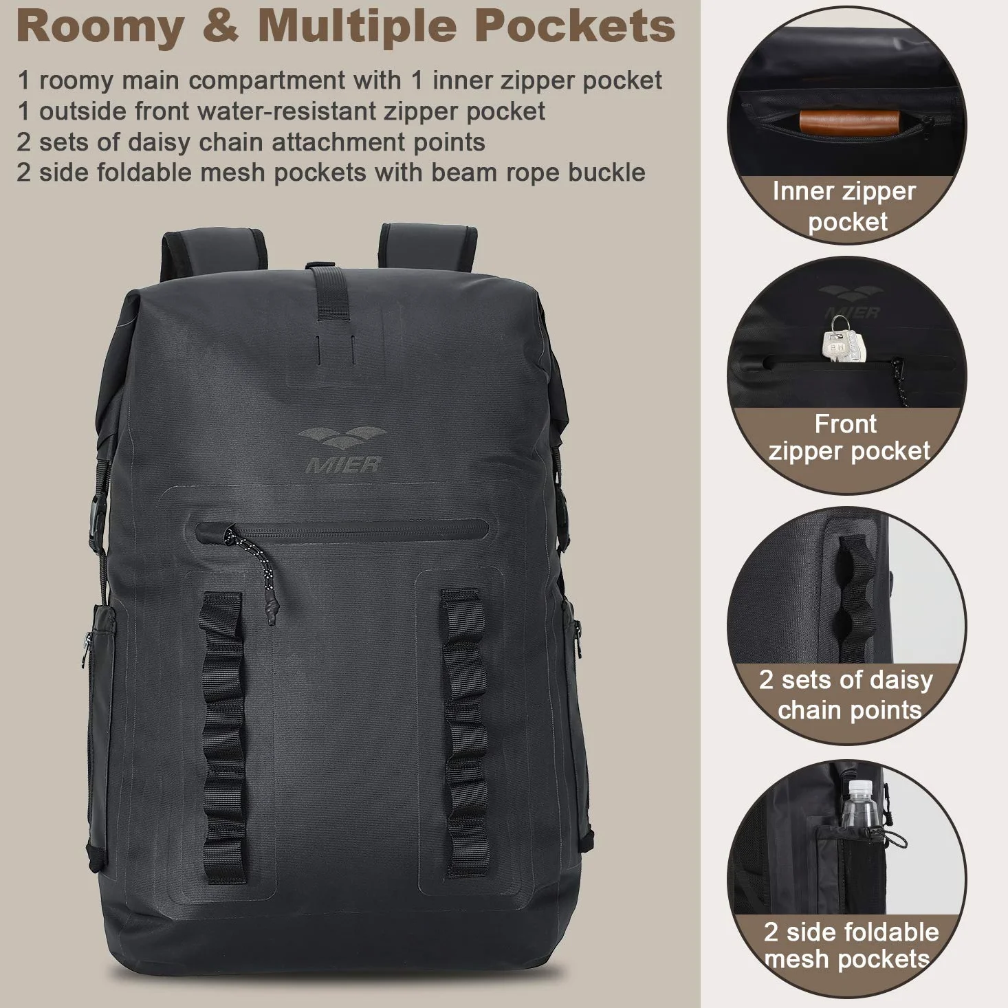 MIER Mochila Impermeable Dry Bag Resistente con Cierre Enrollable para Kayak, Playa, canotaje, natación, Surf, 30 L, Black, Bolsa Seca