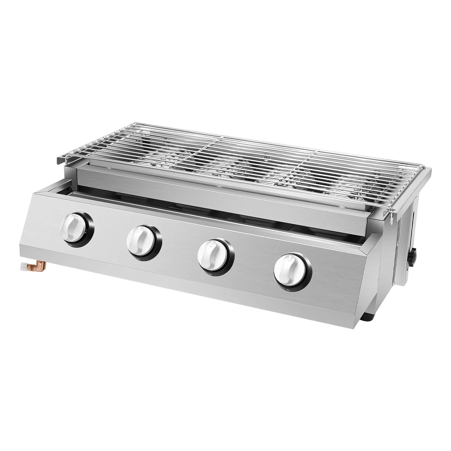 Cocina Camping Gas Portátil de 4 Quemadores - Barbacoa de Acero Inoxidable con Encendido Electrónico | para Aire Libre, Camping y LPG | Reducción de Vapores de Aceite y Respetuosa