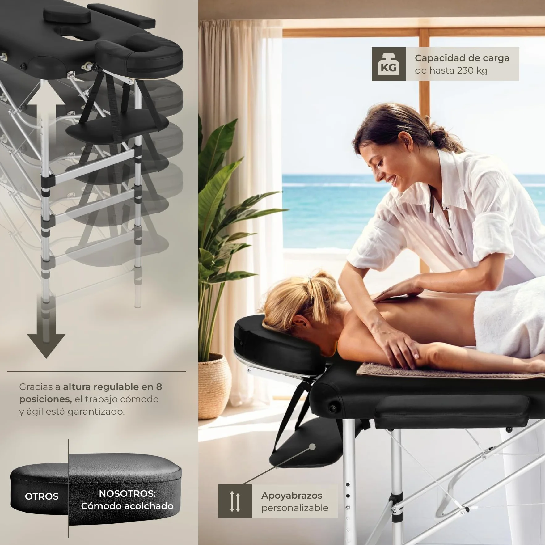 Tectake Camilla Masaje Plegable Profesional Aluminio Ajustable Altura 2 Zonas Negro
