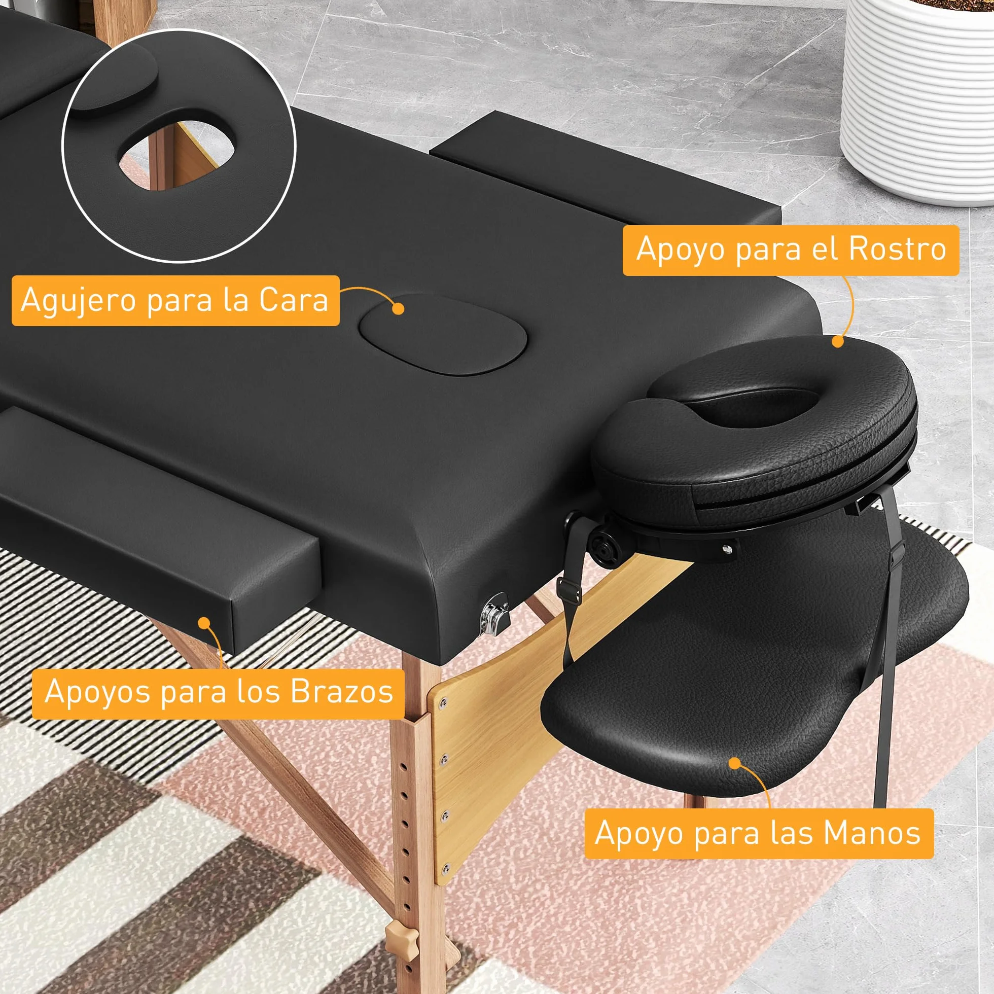HOMCOM Camilla Masaje Plegable Portátil 3 Zonas Madera Altura Ajustable Reposacabezas Reposabrazos Acolchados SPA Tatuajes 215x60x62-89 cm Negro
