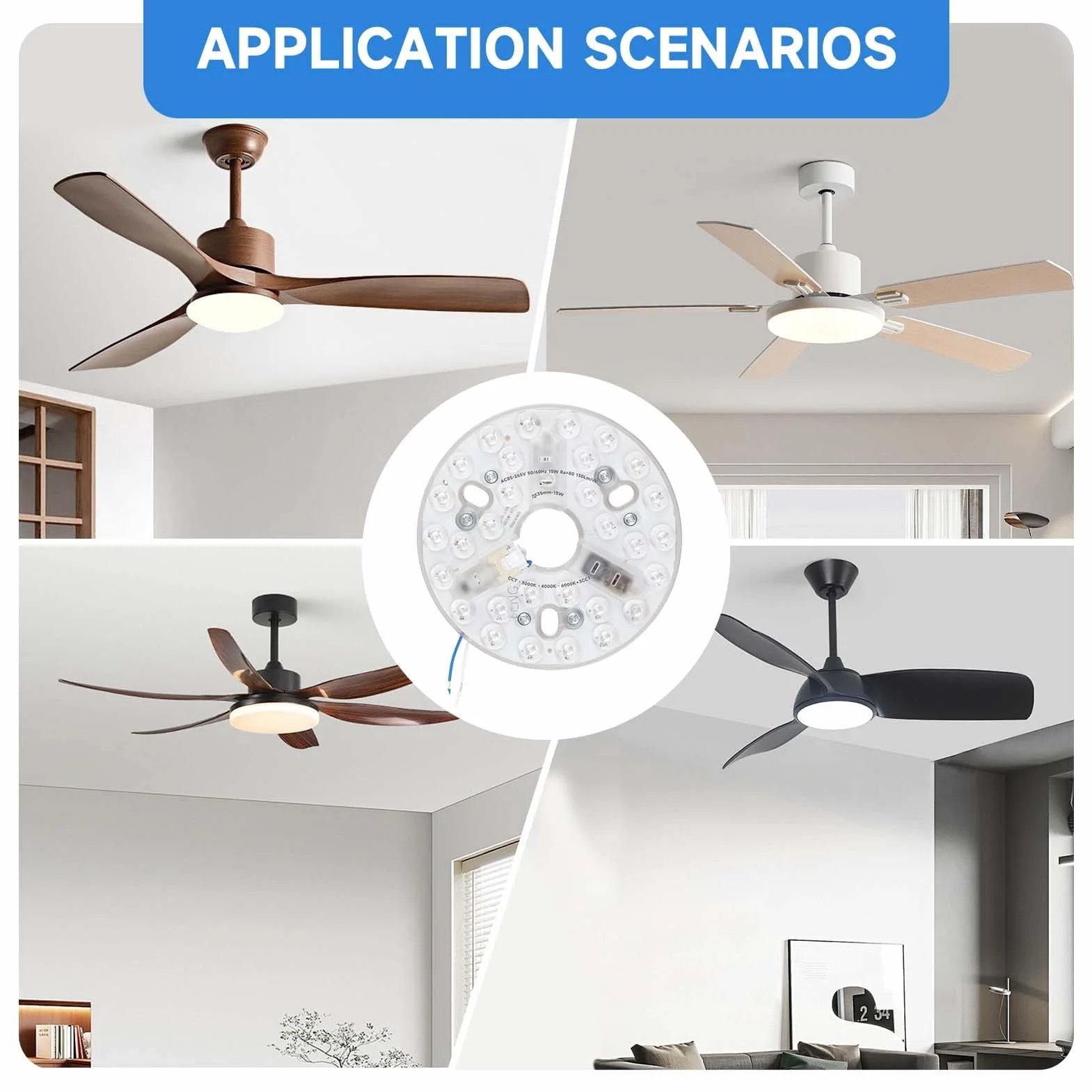 Kit Recambio Luz LED 15W 3000/4200/6500K 85-265V Ventilador Techo 5.3 Panel Redondo Base Aluminio