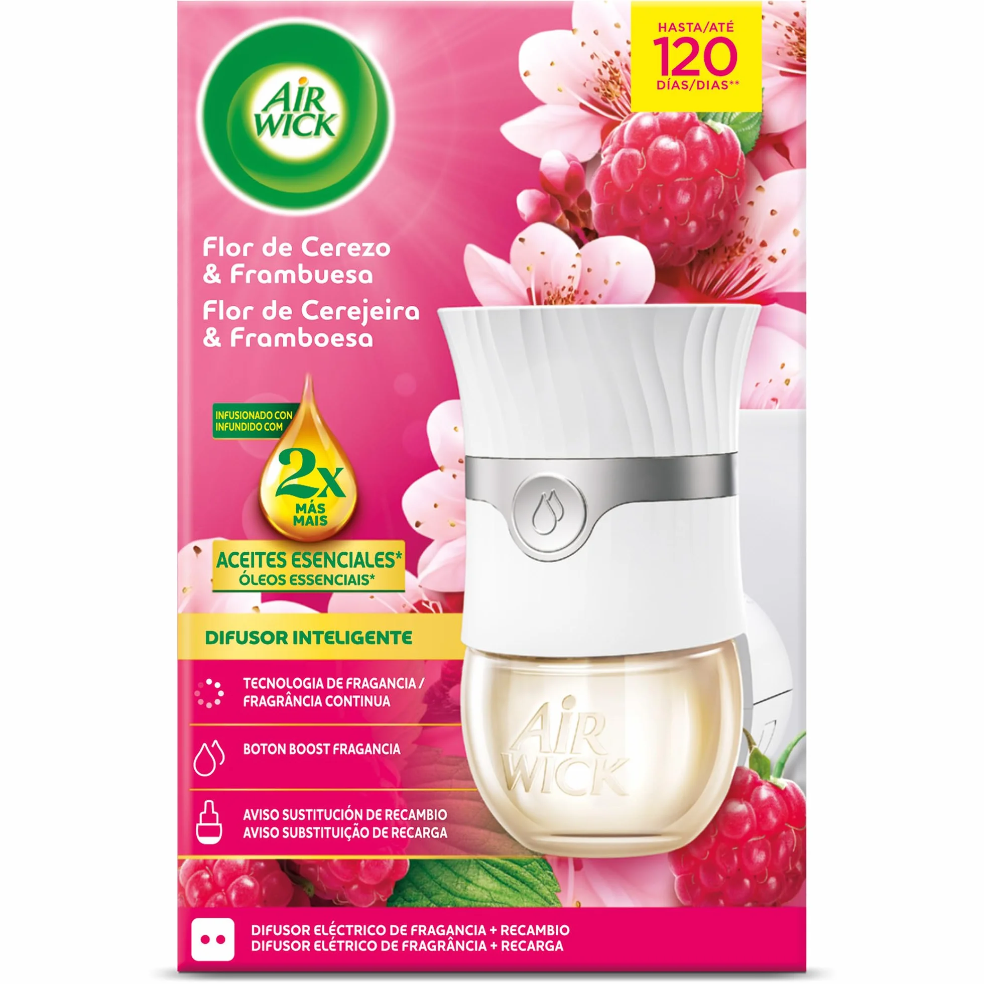 Air Wick Ambientador Eléctrico Aparato Difusor Inteligente Anti-Fading Recambio Flor de Cerezo Frambuesa 2x Aceites Esenciales