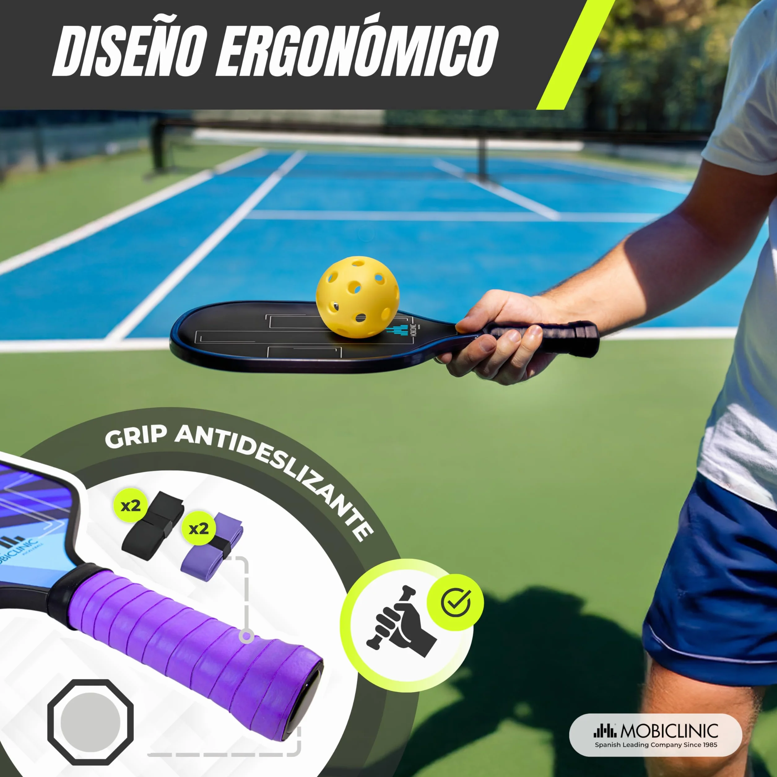 Mobiclinic®, Set de Pickleball, Palas de Fibra Vidrio, Pelotas Interior y Exterior, Bolsa Transporte, Núcleo de Polipropileno de Panal, Grip Antideslizante (4 Palas + 8 Pelotas + Red)