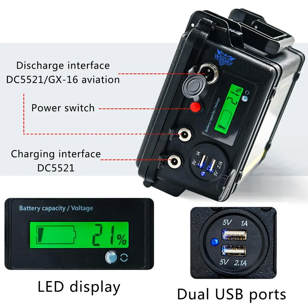 Batería de Litio Recargable de 12 V con Cargador | Batería de litio de 12 V, 20 Ah, 30 Ah, 60 Ah, 80 Ah y 100 Ah, con pantalla LED, doble puerto USB e interruptor de encendido.