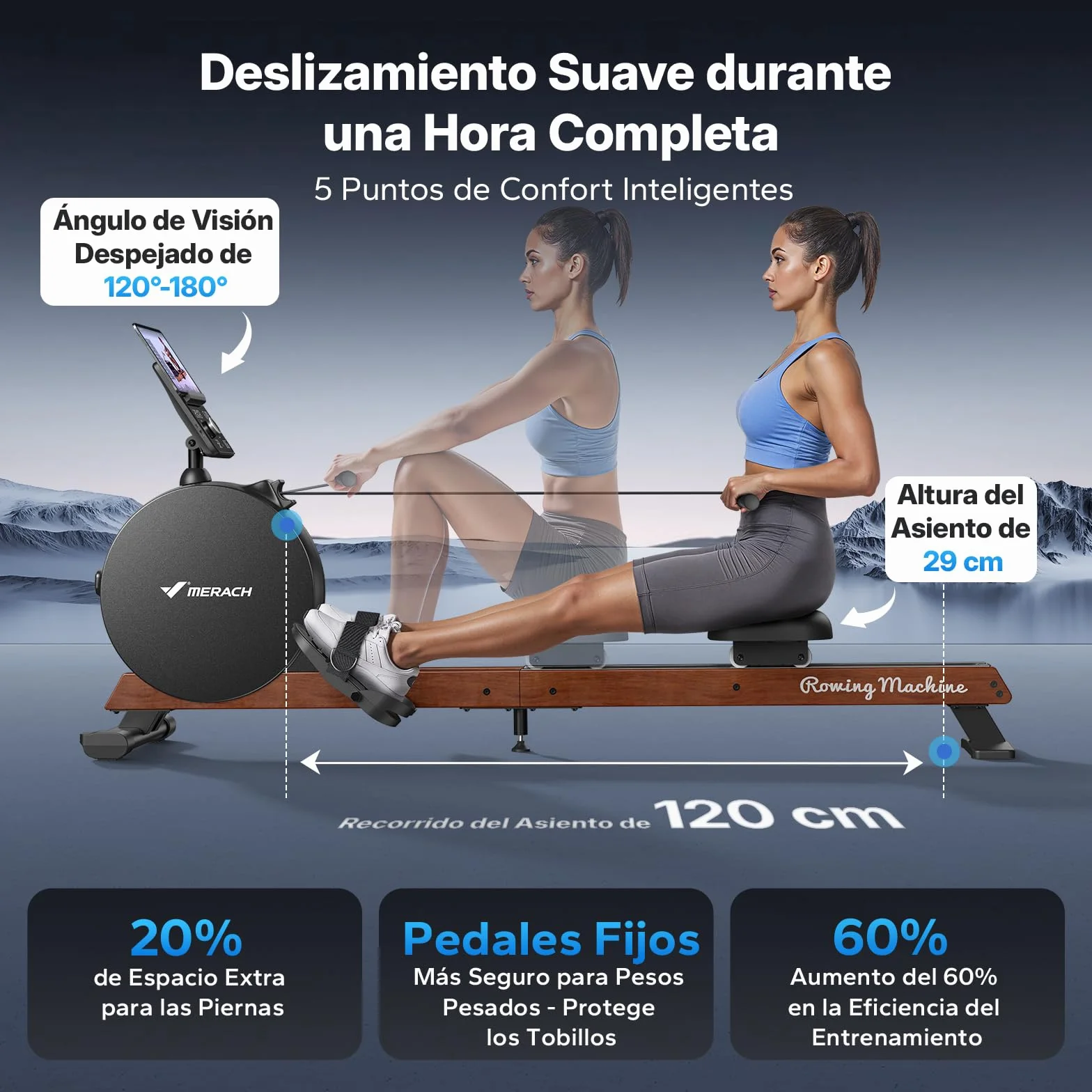 MERACH Máquina de Remo para Casa, Autogeneración, Resistencia Magnética Máxima Mejorada de 60 kg, Ajuste Automático de Resistencia, Rieles Dobles de Madera, Pantalla LED / 21,5" (R7) (LED (Q3))