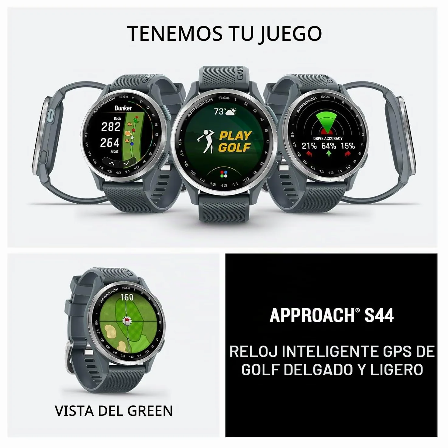 Garmin Approach S44 Essential - Reloj de golf con GPS, pantalla AMOLED, características en el campo, reloj inteligente deportivo y fitness, bisel de aluminio plateado con correa de silicona negra