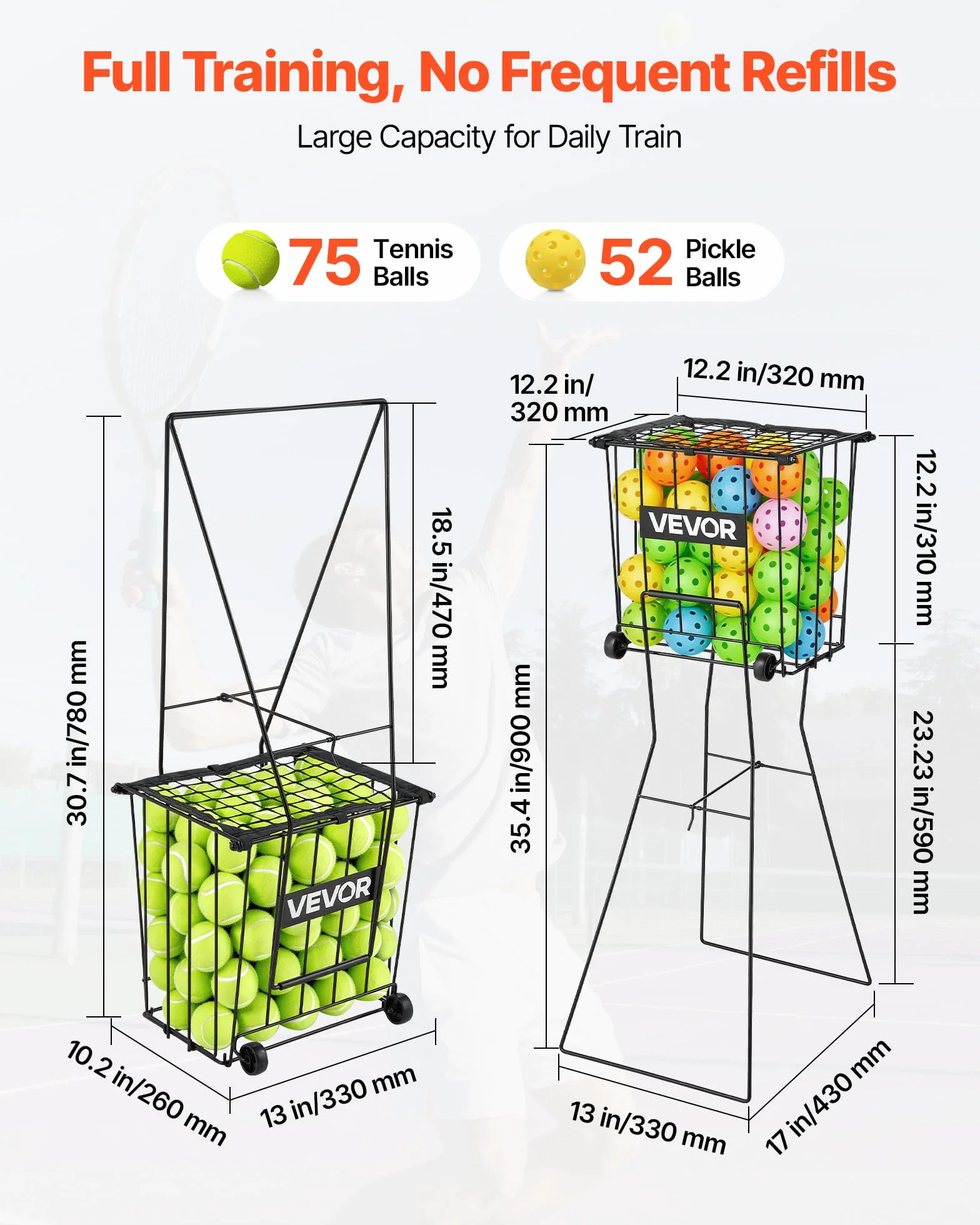 VEVOR Recogepelotas de Tenis con Ruedas y Mango, Capacidad para 75 Pelotas o 52 Pickleball, Cesta Portátil de Tenis con Soporte, Altura Ergonómica, Carro de Acero para Entrenamiento y Almacenamiento