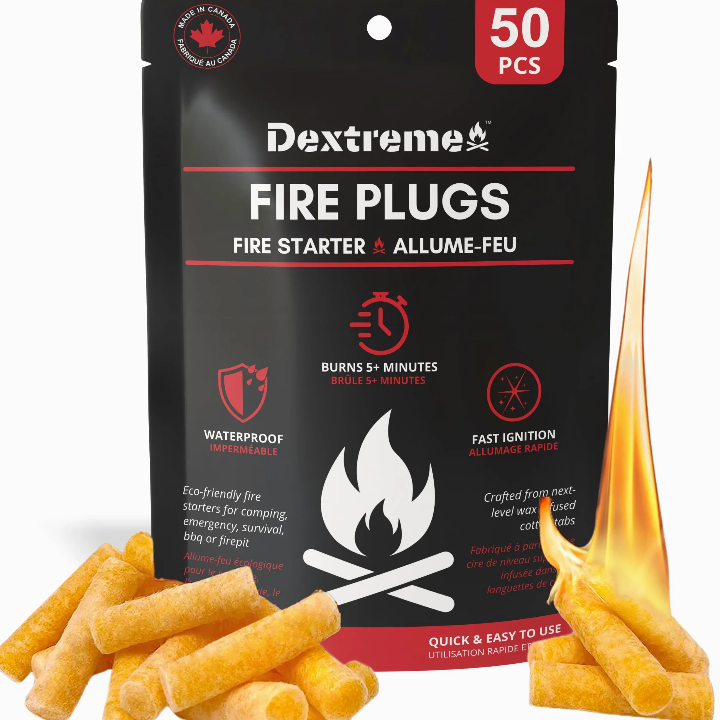 Dextreme Tapones para Incendios (50 enchufes) Impermeables para fogatas, emergencias, Supervivencia, hogueras, Parrillas | Puede encender más de 50 Incendios | Quemadura de más de 5 Minutos | Todo