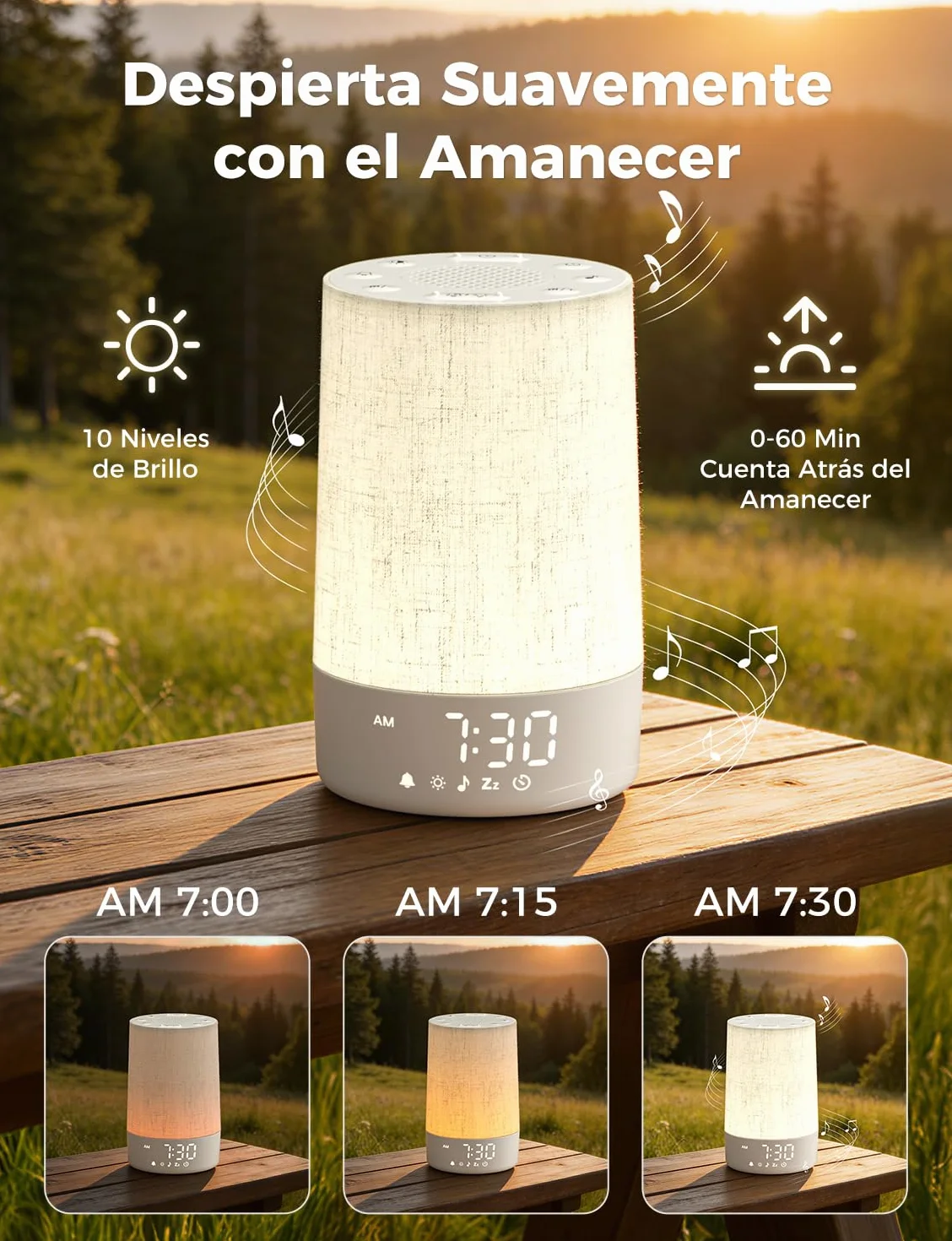 LIORQUE Despertador Amanecer Luz Natural 10 Niveles Brillo 30 Melodías Temporizador Sueño Alarma Snooze