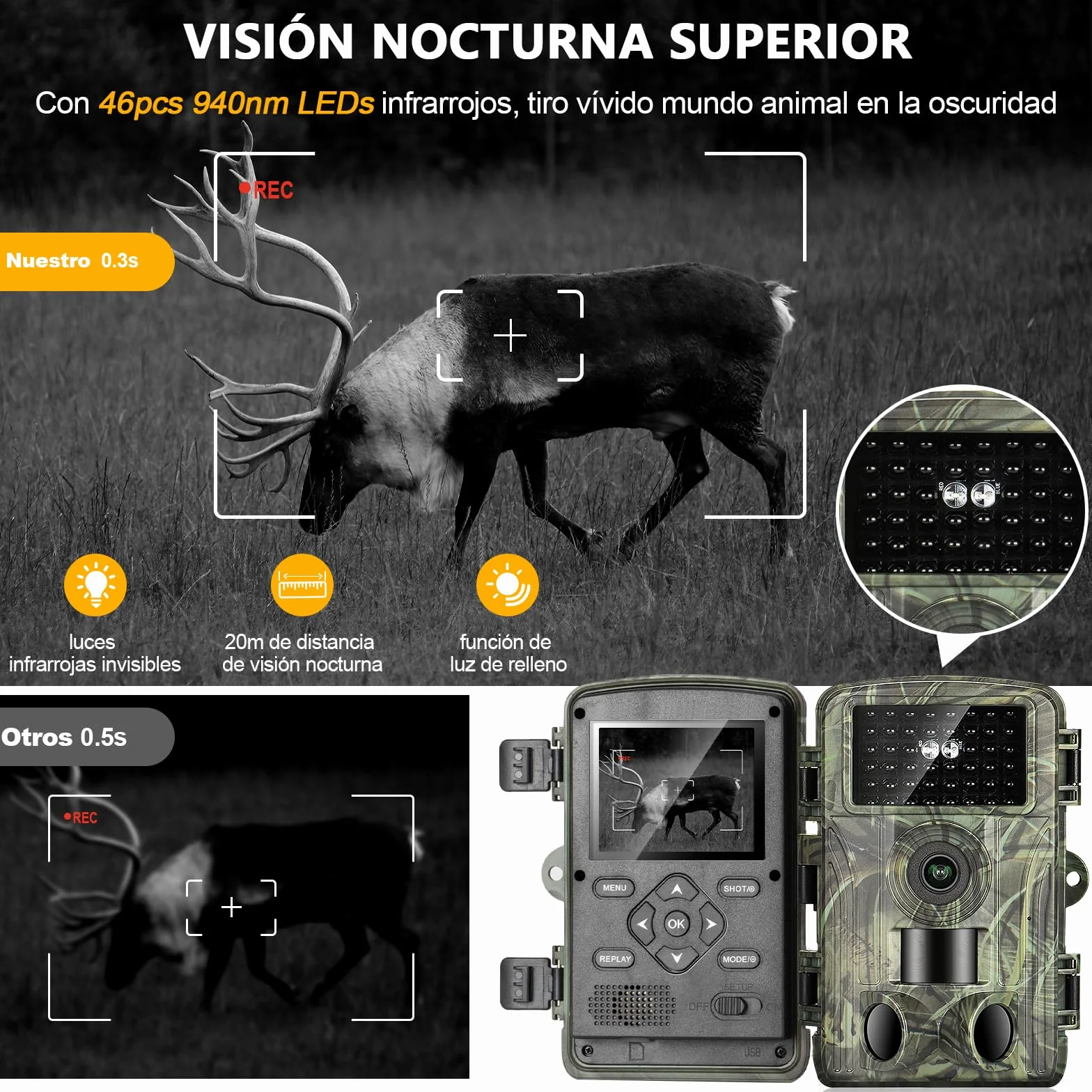 Camara Fototrampeo Caza 4K, WiFi Cámara de Caza con Tarjeta 32G, 120° Cámaras de Caza Vision Nocturna 2,0" LCD IP66 Cámara de Seguridad para Monitoreo de Vida Silvestre y Vigilancia del Hogar