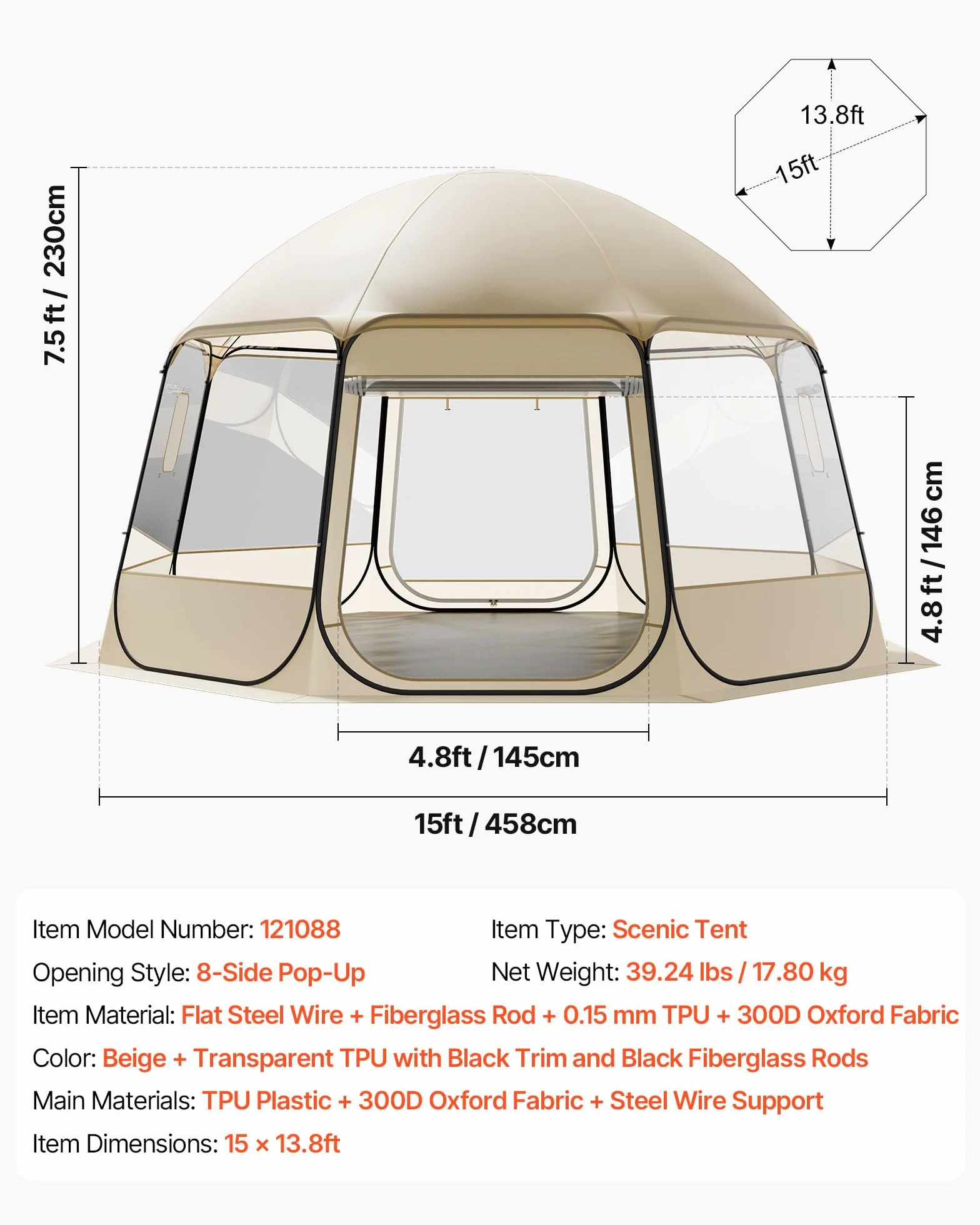 VEVOR Tienda de Campaña Plegable, 458 x 432 x 230 cm, Impermeable y Resistente a Los Rayos UV, Tienda Transparente con Ventanas y Vista Panorámica de 540° para 12-15 Personas para Patio y Jardín