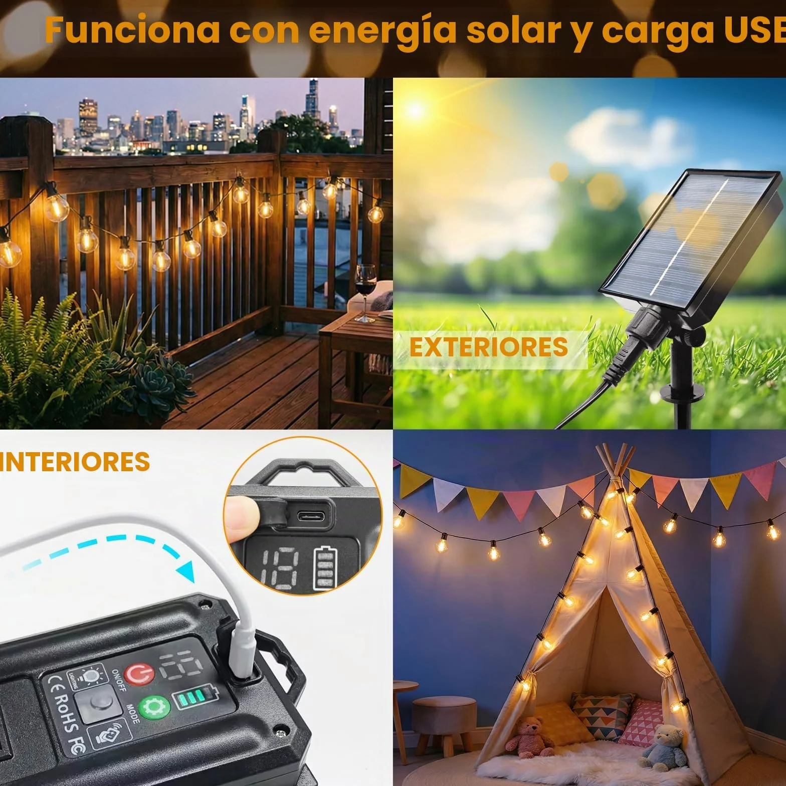btfarm Guirnaldas Luces Exterior Solar Mando a Distancia 5M 10+1 G40 Bombillas LED Impermeable 8 Modos Blanco Cálido