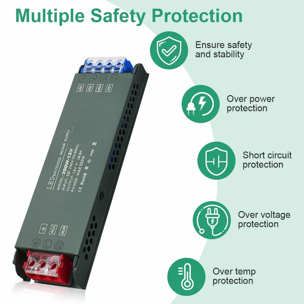 URAQT Transformador 220V a 12V 200W 16,6A Fuente Alimentación Voltaje Constante para Tira LED