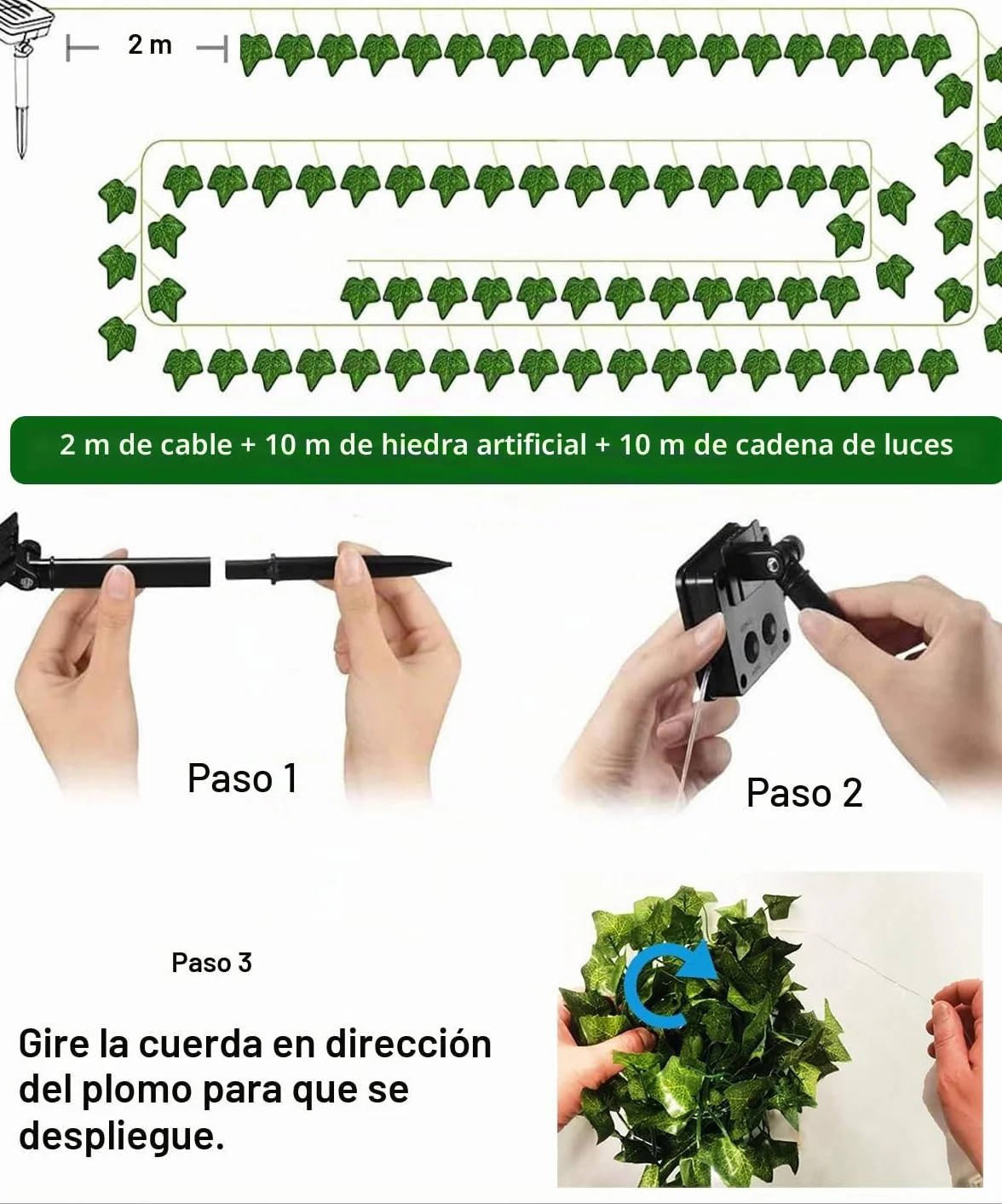 Guirnalda Luces Exterior Solar 10M 100 LED Hiedra Artificial 8 Modos Impermeable Cadena Luces Hojas Jardín Decoración