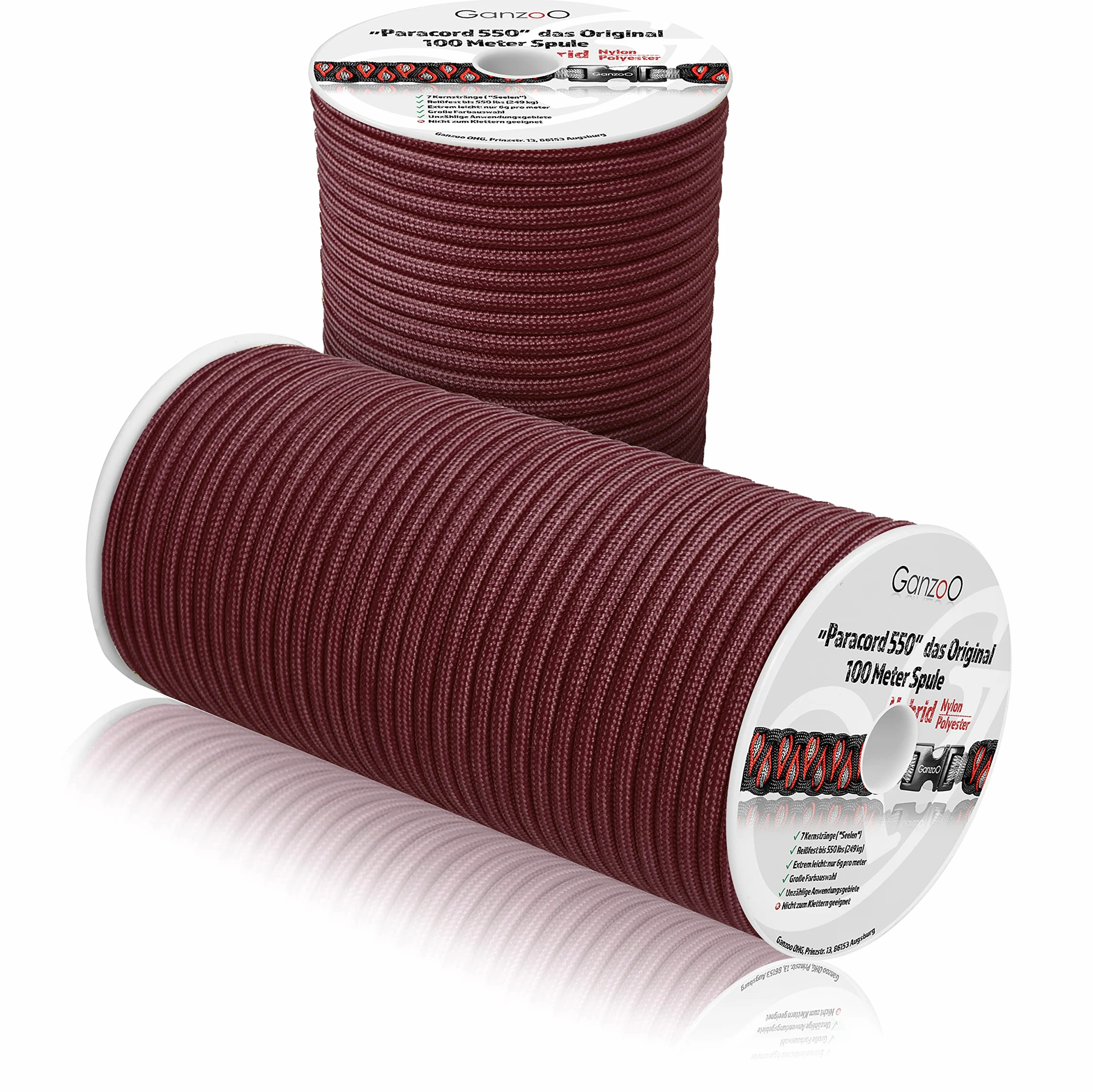 Ganzoo Paracord 550 Tipo 3 4 mm Merlot, Cuerda híbrida Nylon poliéster 100 m, construcción 32 hebras en Funda y 7 Hilos en el núcleo, para Pulseras, Cordaje Outdoor, amarres, Collar y Correa Canina