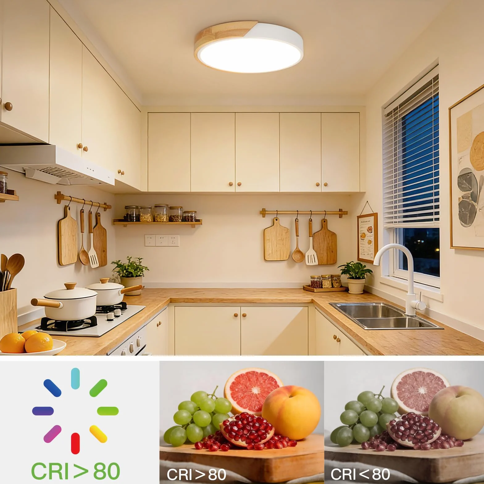 Kimjo Lámpara LED Techo Redonda 24W φ30cm 3000K 2400LM Plafón Madera Blanco