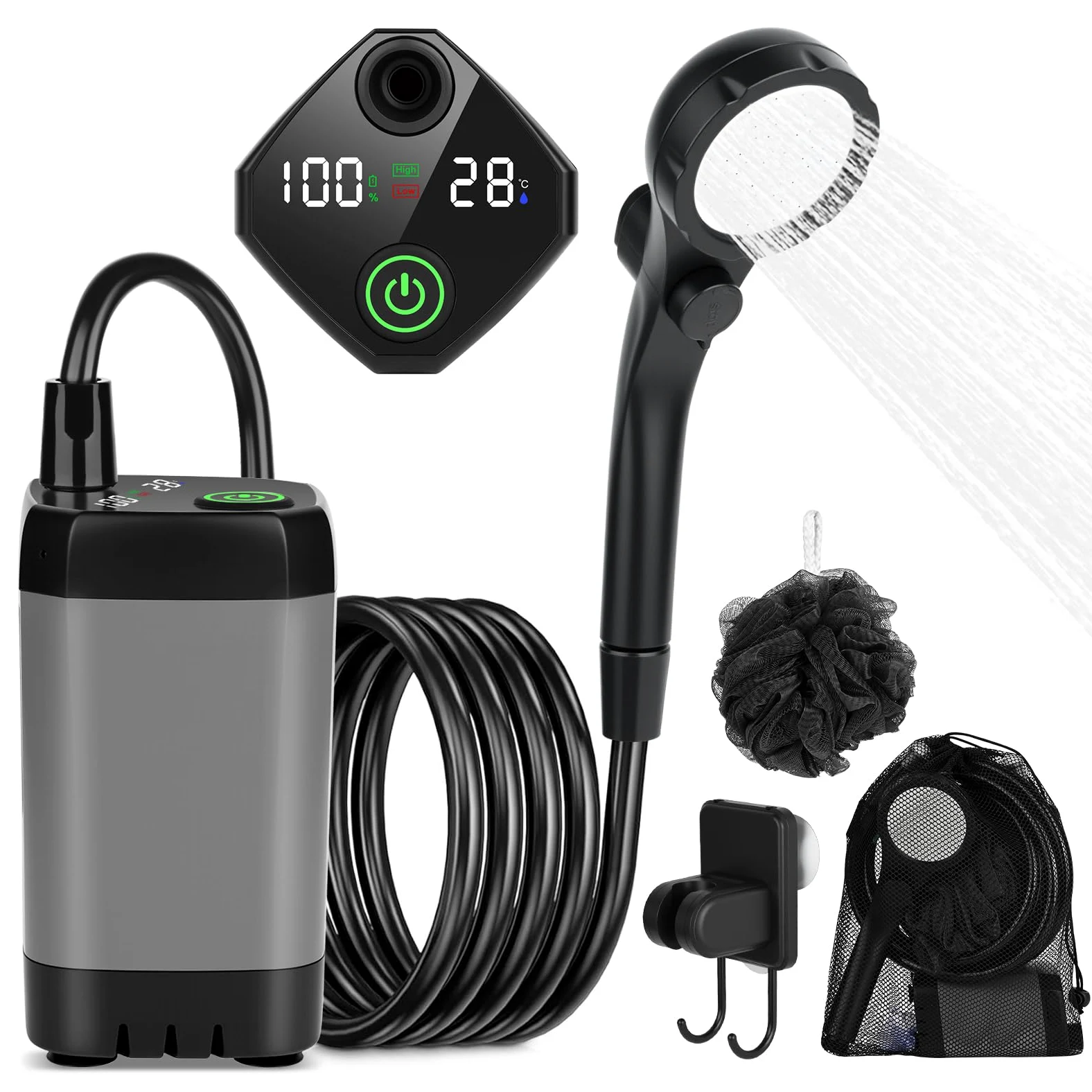 GuKKK Ducha Portatil Camping, 7800mAh Batería Recargable Ducha Camper, Ducha Camping con Pantalla LED Inteligente, Duchas de Exterior con Alcachofa y Manguera, para Camping Viajes jardín Coche Lavado