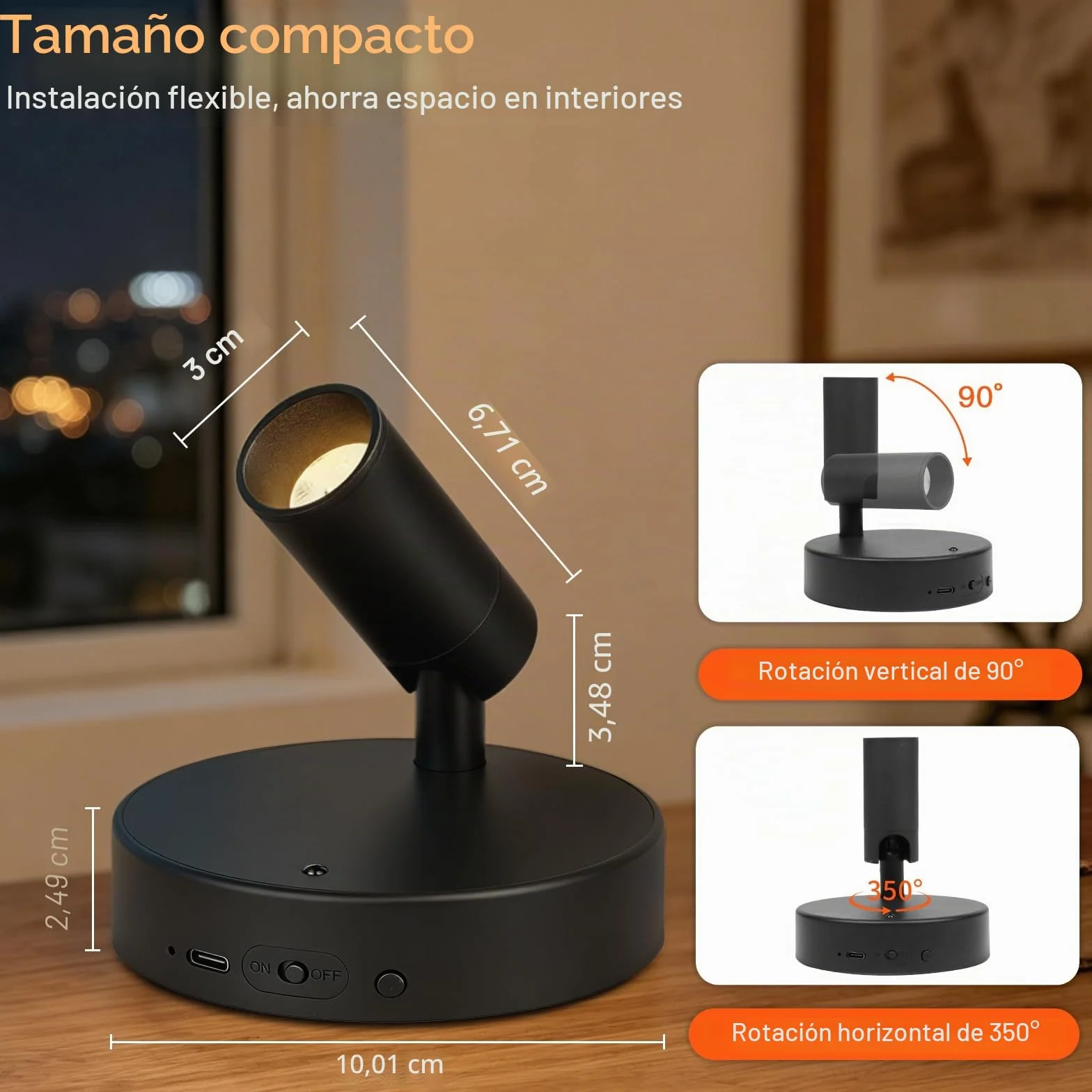 Ketom Aplique Pared LED Recargable Regulable, 3 Temperaturas de Color, Control Remoto, Giratorio, Negro
