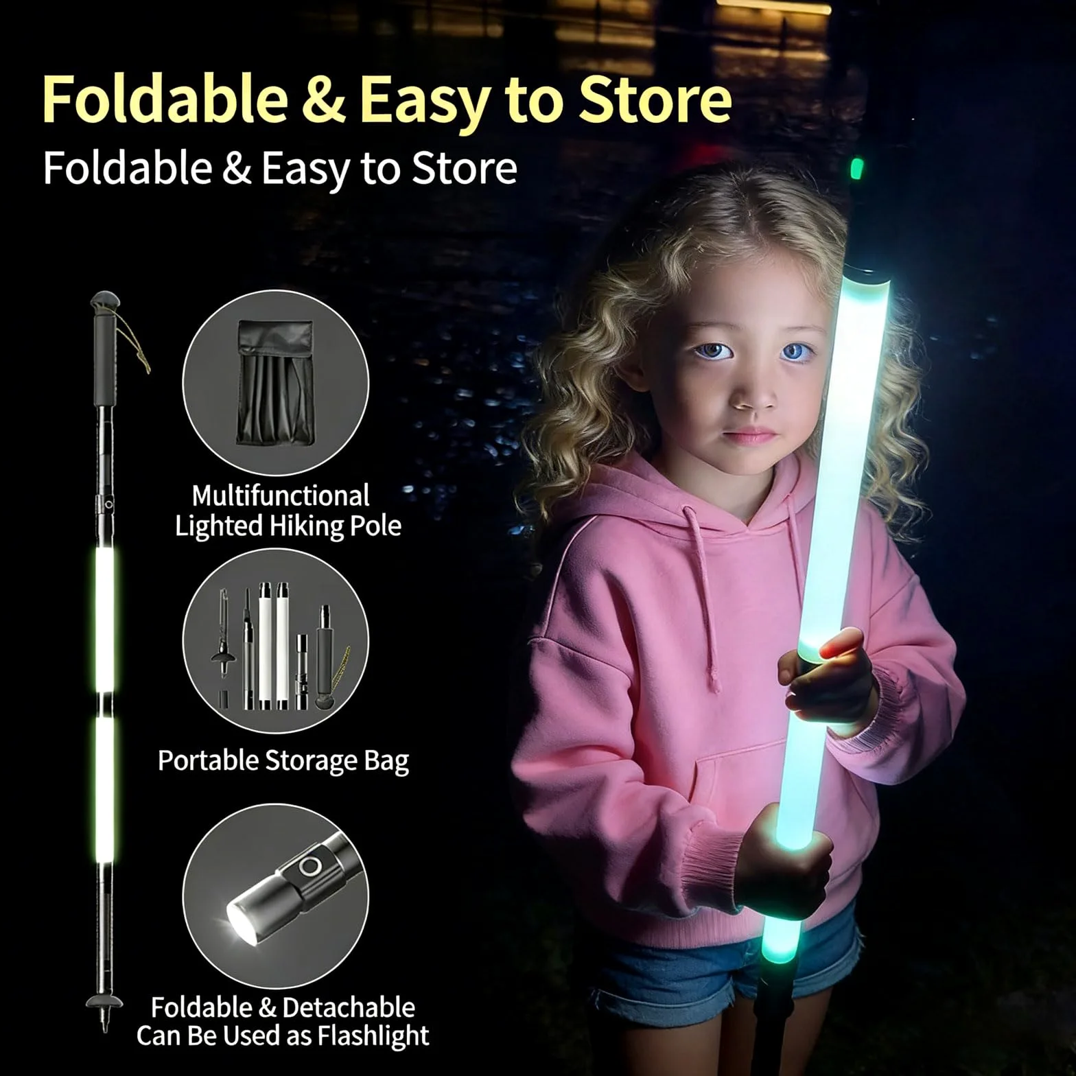 Bastones de senderismo LED recargables, bastones de senderismo plegables con linterna desmontable, multiherramienta de supervivencia, personal de senderismo iluminado para acampar nocturno, senderismo