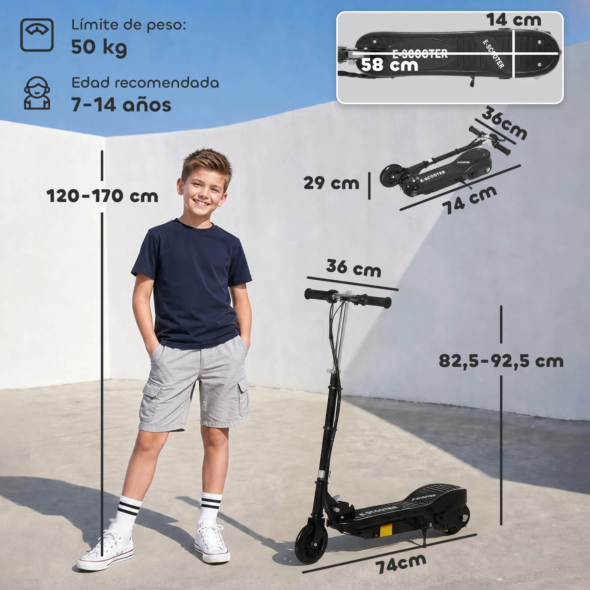 HOMCOM Patinete Eléctrico para Niños Scooter Plegable 24V 12 km/h Carga 50 kg Negro