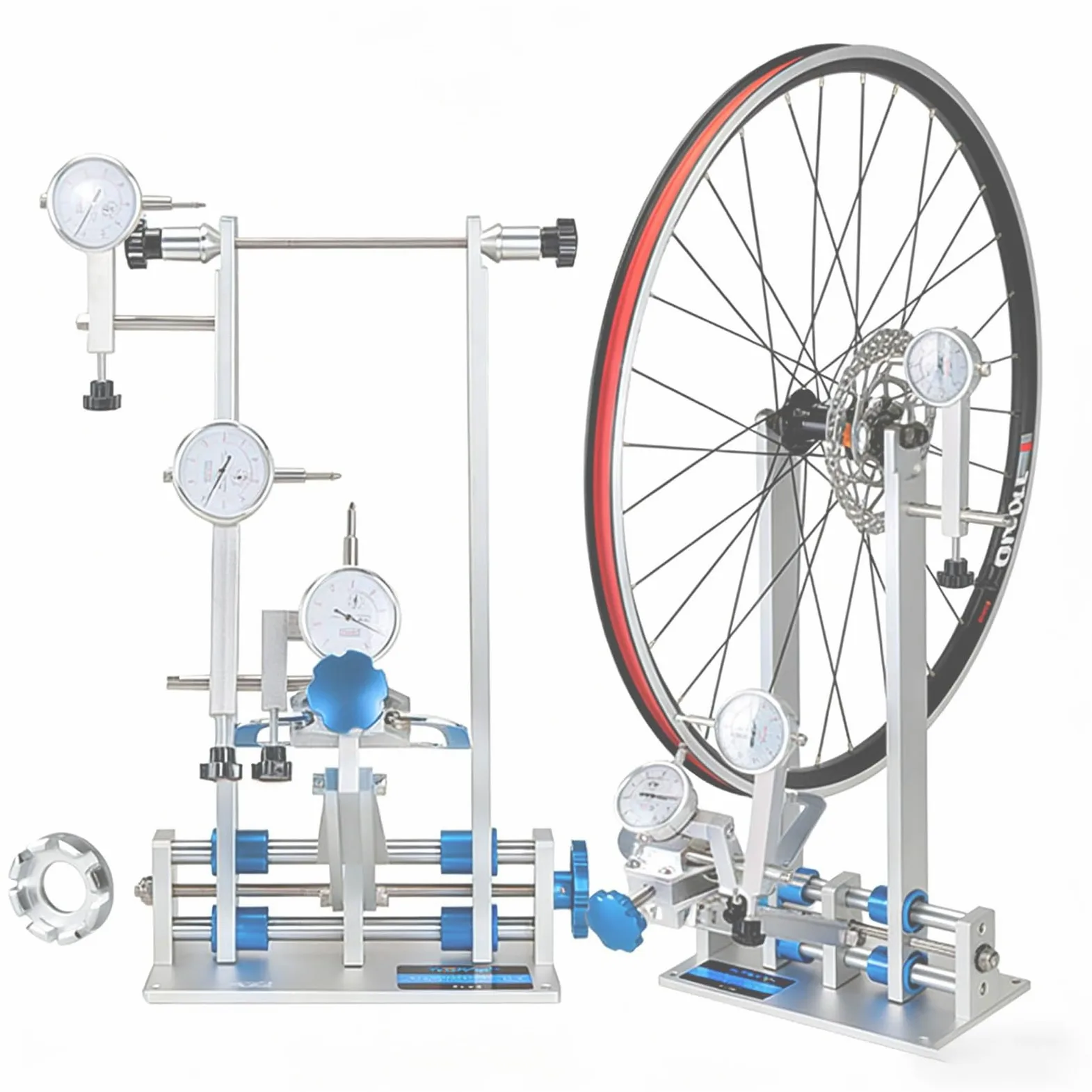 Soporte para rueda de bicicleta, herramienta de alineación de llantas con 3 calibres, caídas ajustables de 55 a 200 mm, para eje pasante y cubos de liberación rápida, ruedas de 16 a 29 pulgadas