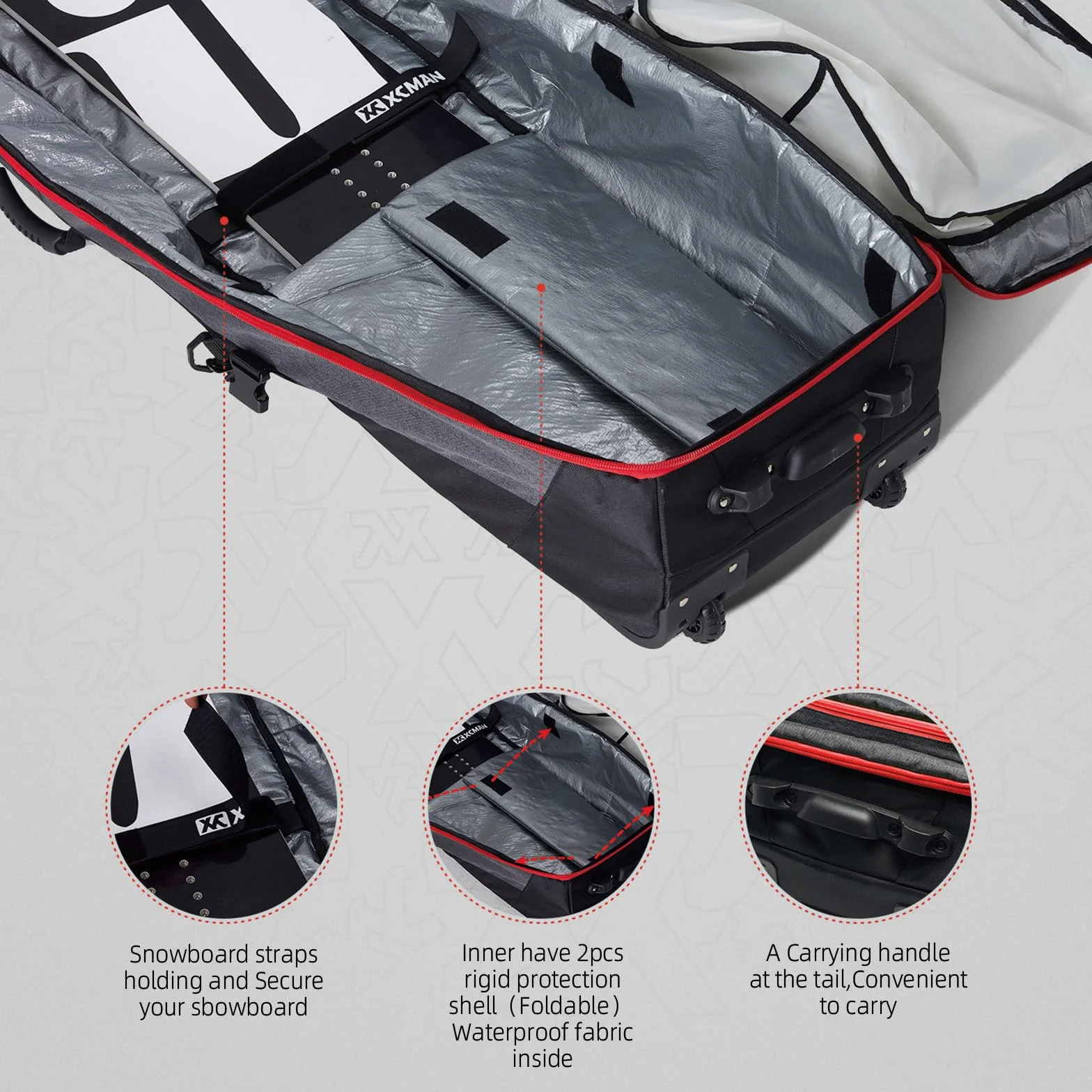 XCMAN - Bolsa de Snowboard con Ruedas, Longitud Ajustable para Viajes en avión, Extra Larga/Ancha/Profunda, Impermeable, con Varillas de protección ABS y Lomo de protección PP - Versión 2020