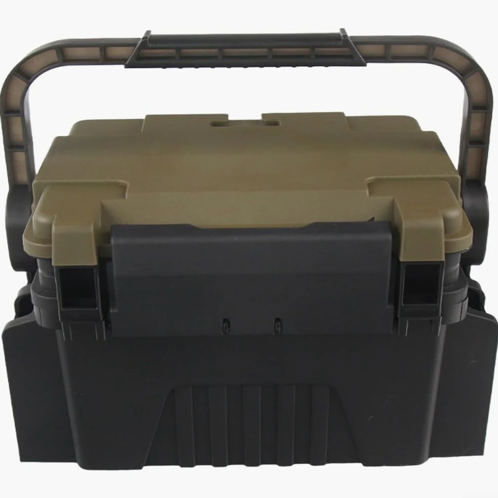 Caja de aparejos de pesca con asiento, almacenamiento multicapa de gran capacidad para señuelos y cebos, compartimentos ajustables, funda portátil para equipo de pesca en el mar con correa para el