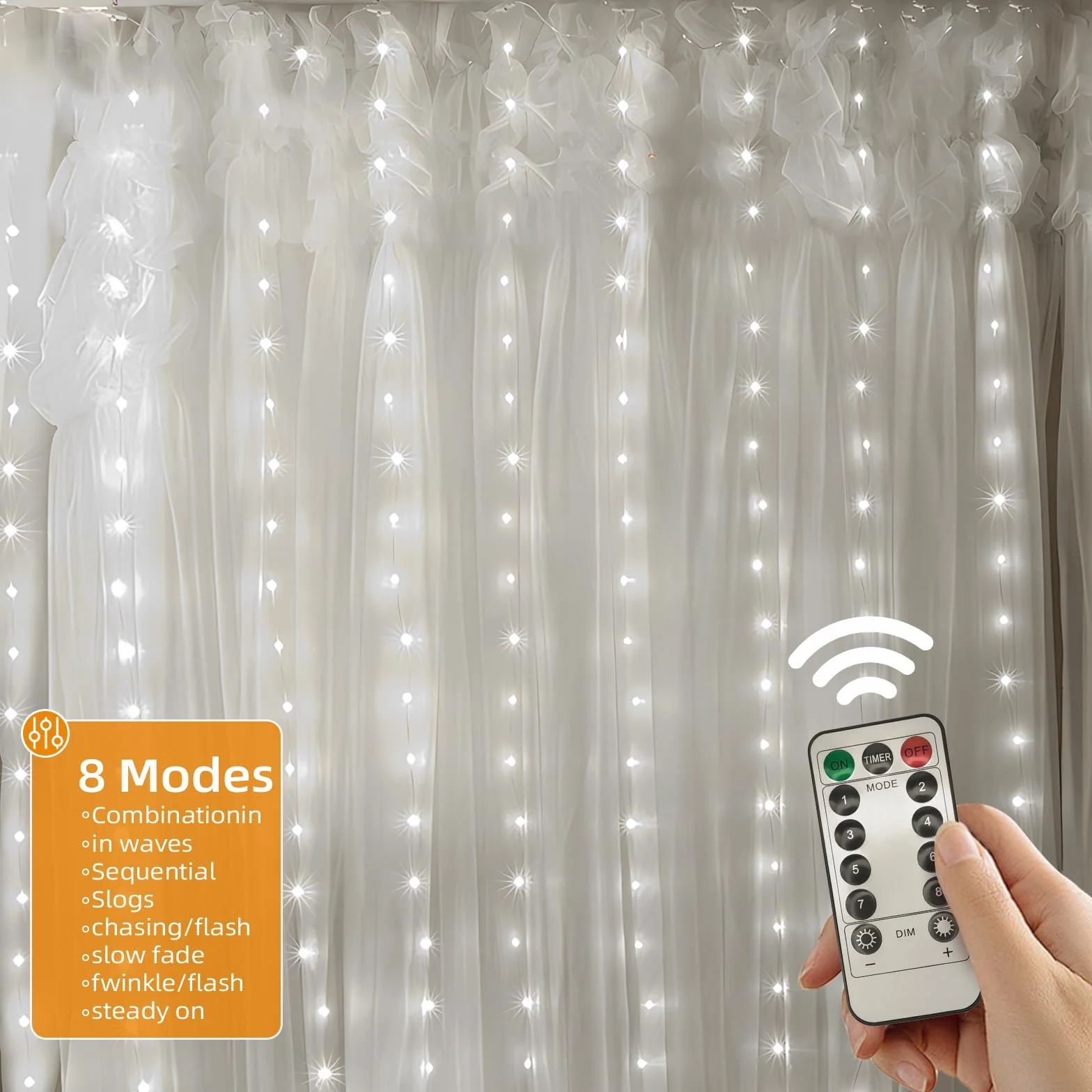 Cortina de Luces LED 360 LED 3.6 x 3M con Control Remoto 8 Modos USB para Exterior Navidad Jardín (Blanco frío)