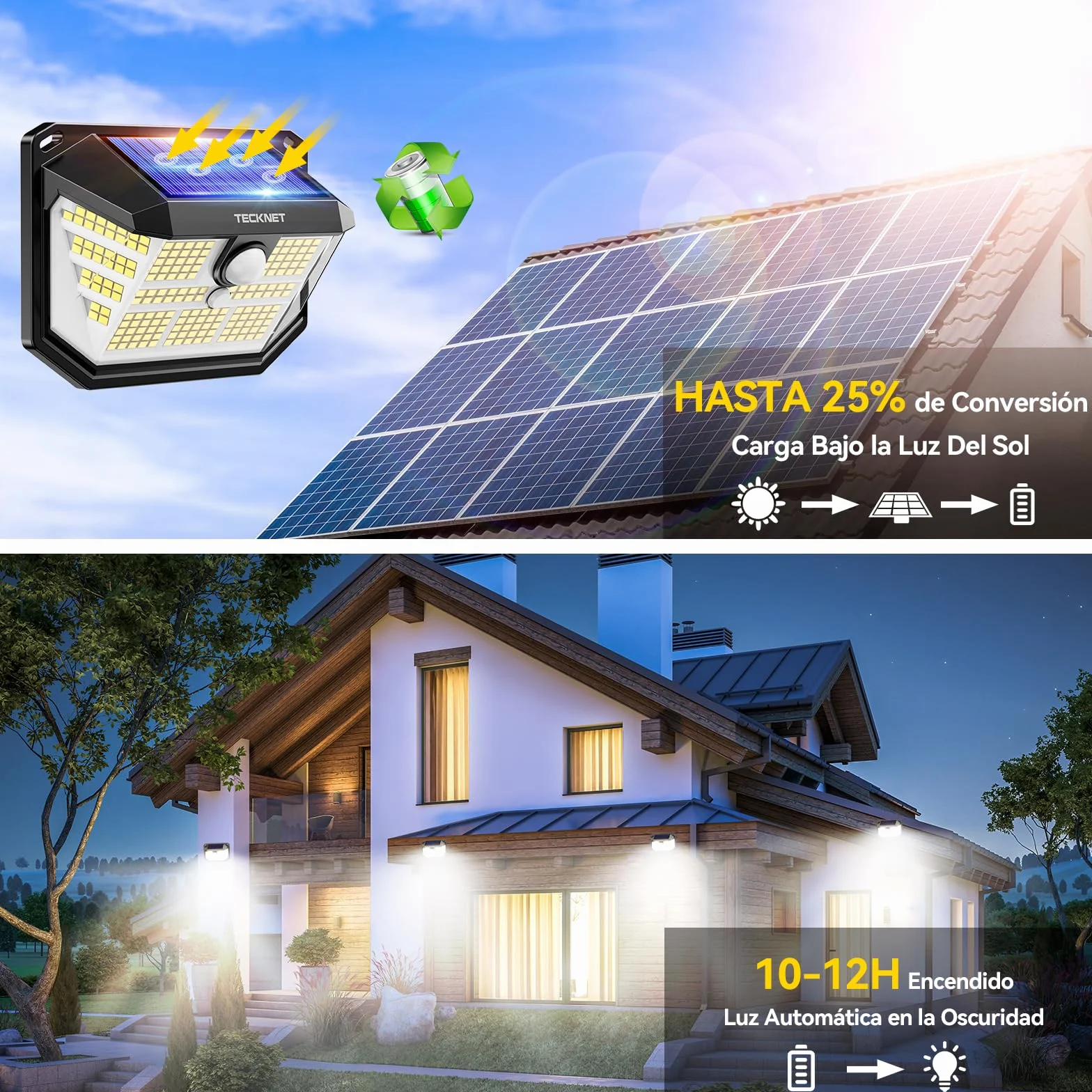 TECKNET Luz Solar Exterior 231 LED 300° Iluminación 35㎡ Brillo Alto Sensor de Movimiento 3 Modos IP65 Impermeable Focos Led Solares para Jardín 4 Paquete