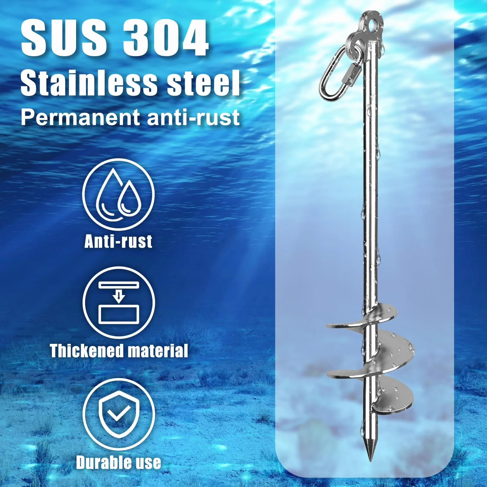 Insaga Anclaje de arena de 36 pulgadas para barco, ancla de arena de acero inoxidable 304 con barra transversal, anclaje de barco atornillado para kayak, moto acuática, pontón, agua poco profunda