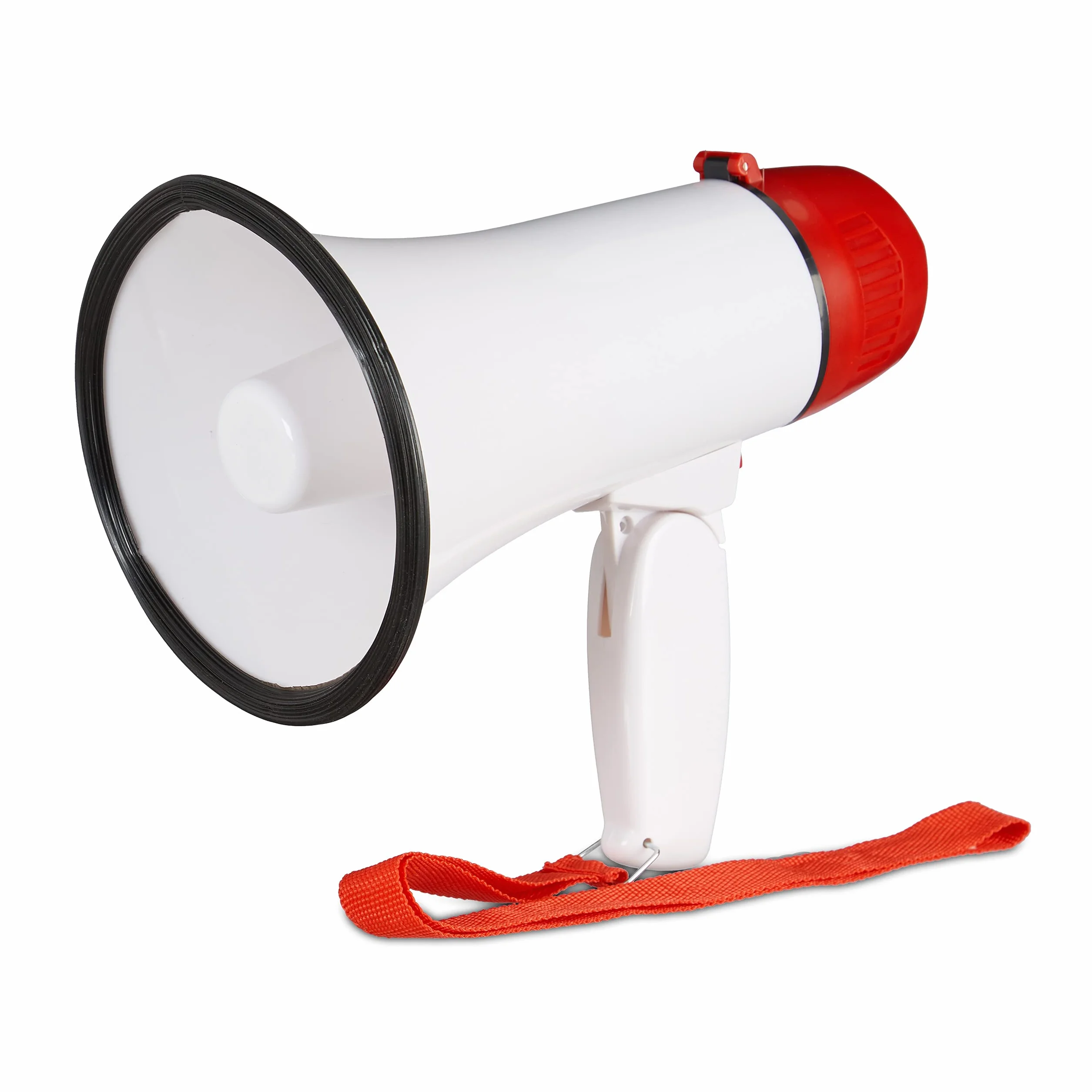 Relaxdays – Megáfono Estadio, Bullhorn con mango plegable y correa, divertido Ole Sonido, megáfono, 10 W, color rojo y blanco