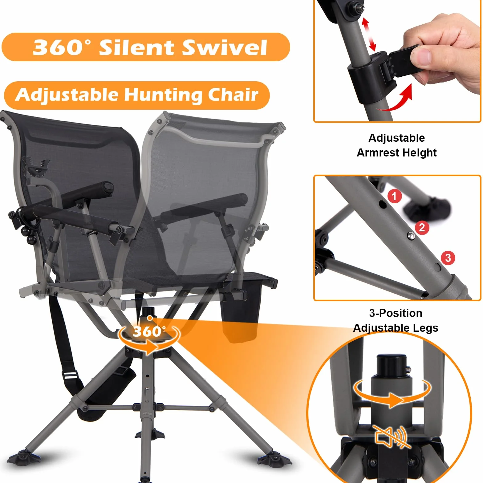 KOMFOTTEU Silla de Caza Giratoria 360°, Silla Plegable de Exterior con Soporte para Rifle Ajustable y Patas Ajustables, Asiento de Francotirador con Bolsillo de Transporte, Carga 150 kg (Modelo I)