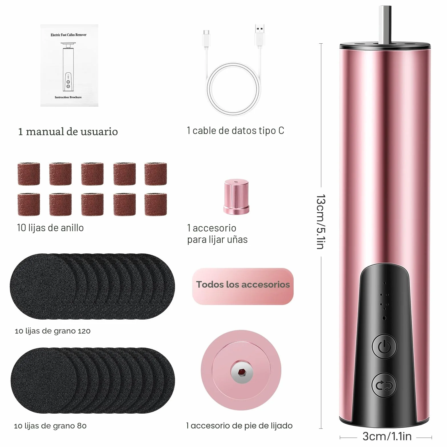 Lima Electrica Recargable para Pies Durezas, 6 Velocidades, Hojas Reemplazables Papel Abrasivo, Oro Rosa