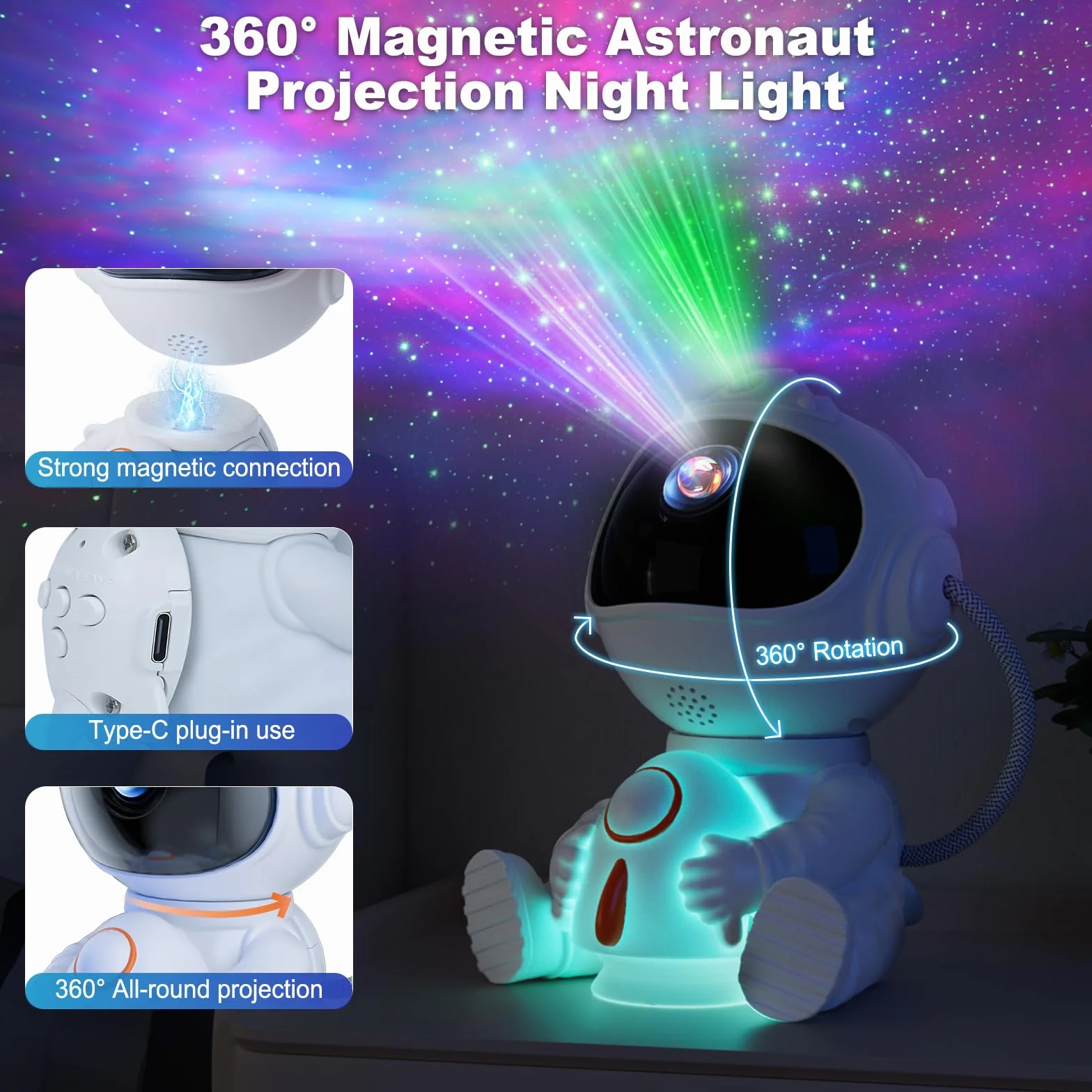 Proyector estrellas techo LED astronauta mando a distancia 8 modos nebulosa 5 modos luminosidad velocidad luz nocturna cohete