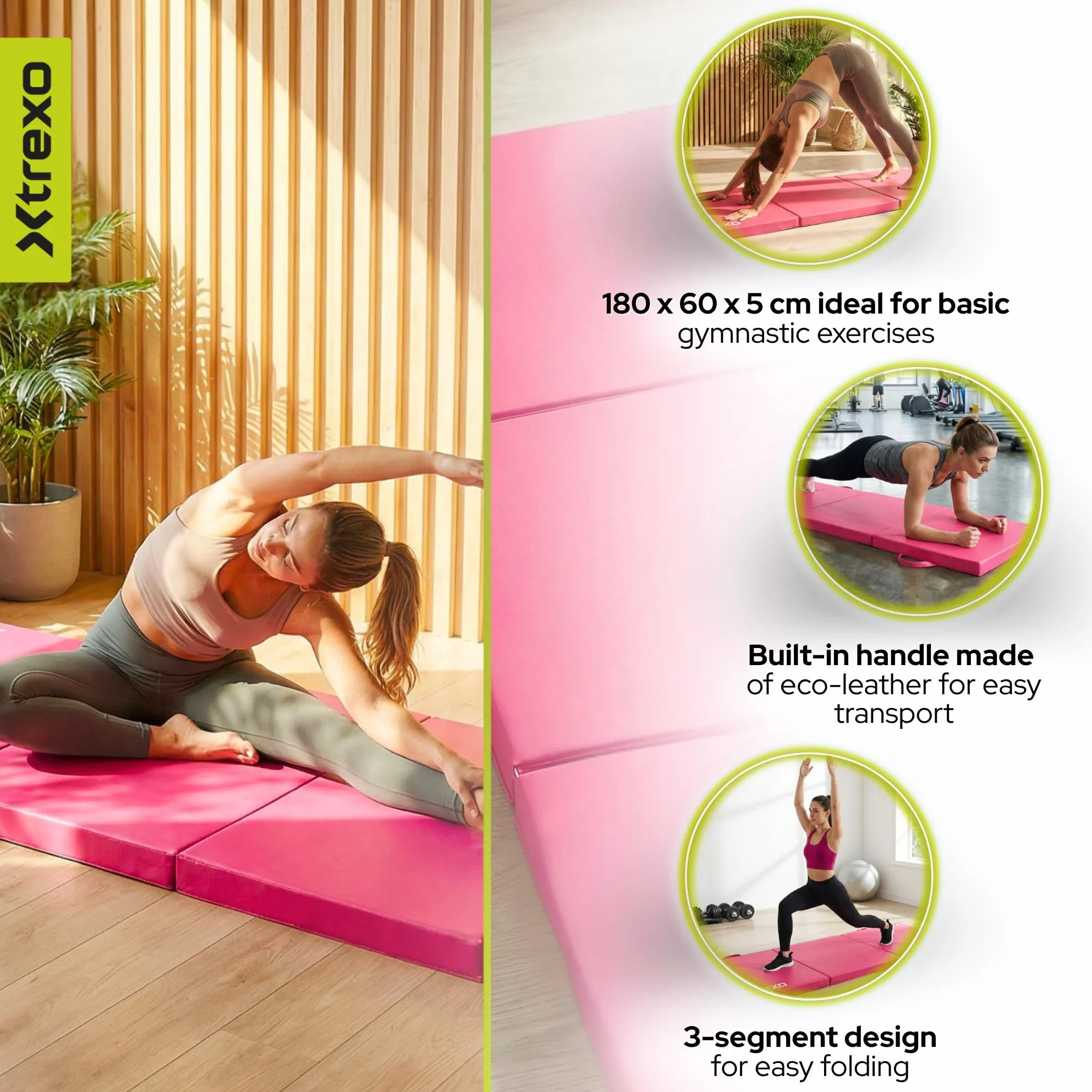 TREXO Colchón de gimnasia plegable 180x60x5 cm 3 piezas funda piel ecológica resistente abrasión espuma polietileno flexible