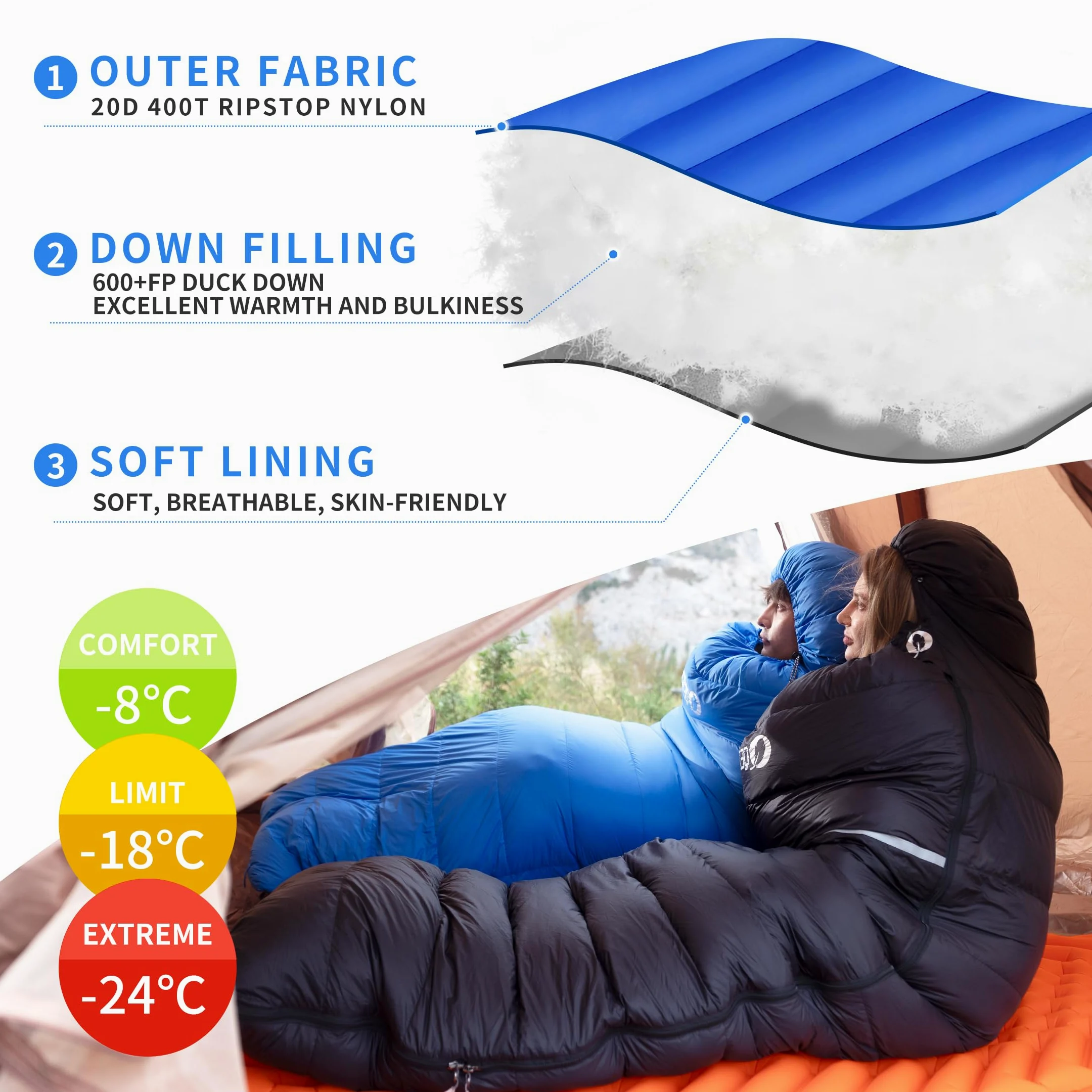 Saco de Dormir Plumón 220 cm x 80 cm 10 ℃ / 0 ℃ / -10 ℃ /-20℃ Saco de Dormir 4 Estaciones Ultraligero Adultos y Niños,Sleeping Bag para Camping y Senderismo