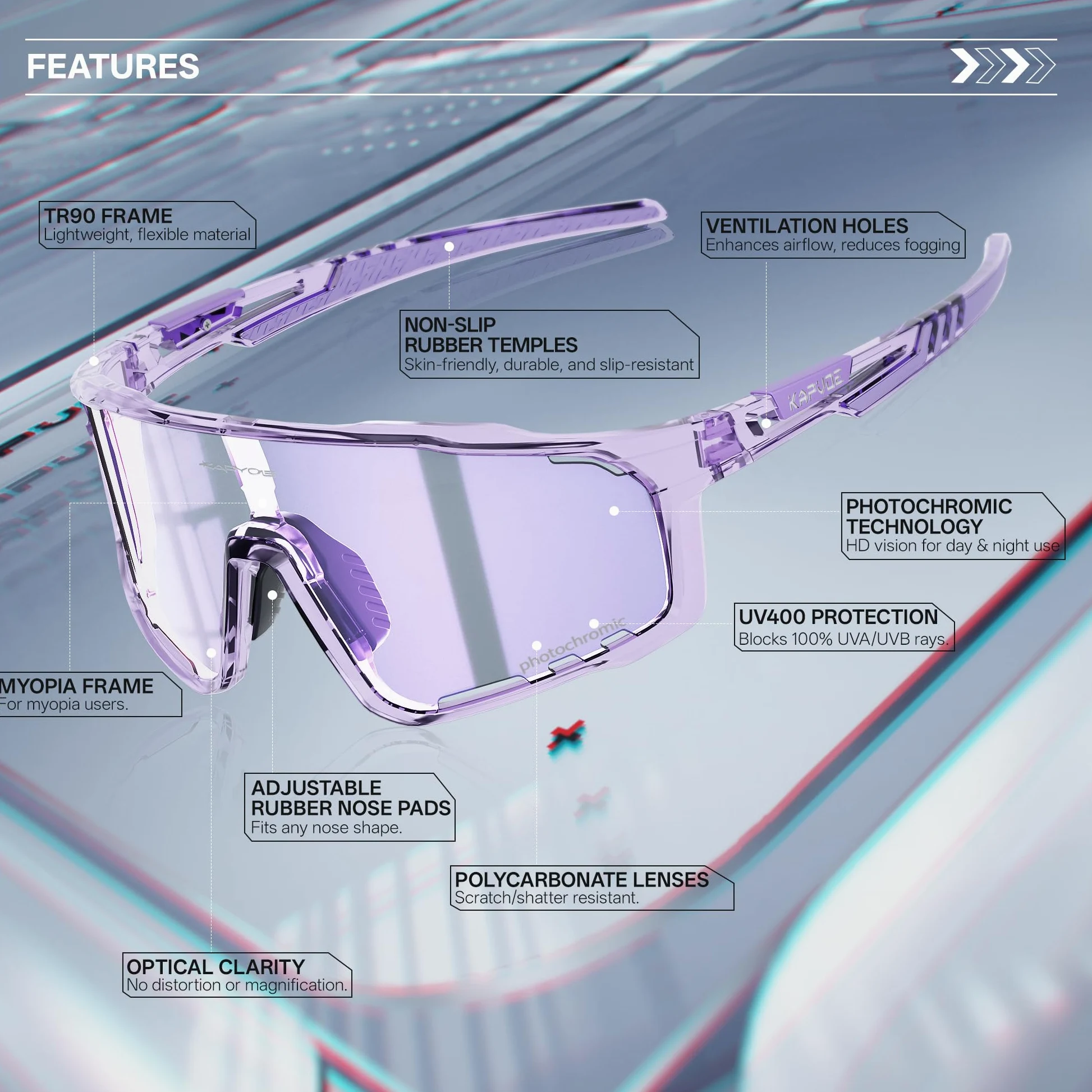 KAPVOE Gafas de Ciclismo Hombre Mujer K76 | Montura TR90, almohadilla nasal ajustable para ciclismo.