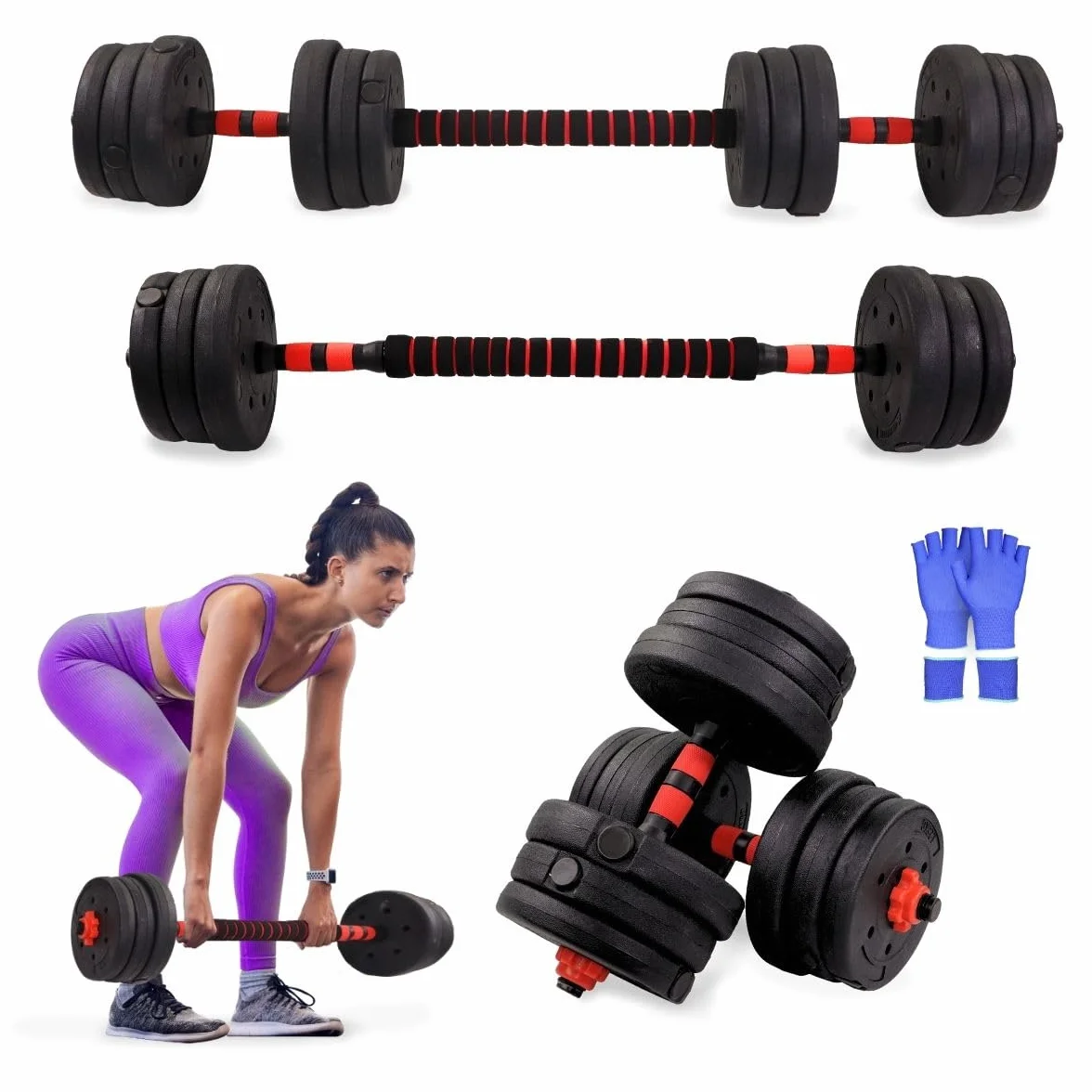 Mobiclinic Mancuernas ajustables 2 en 1 2-30 kg con barra extensión acolchada