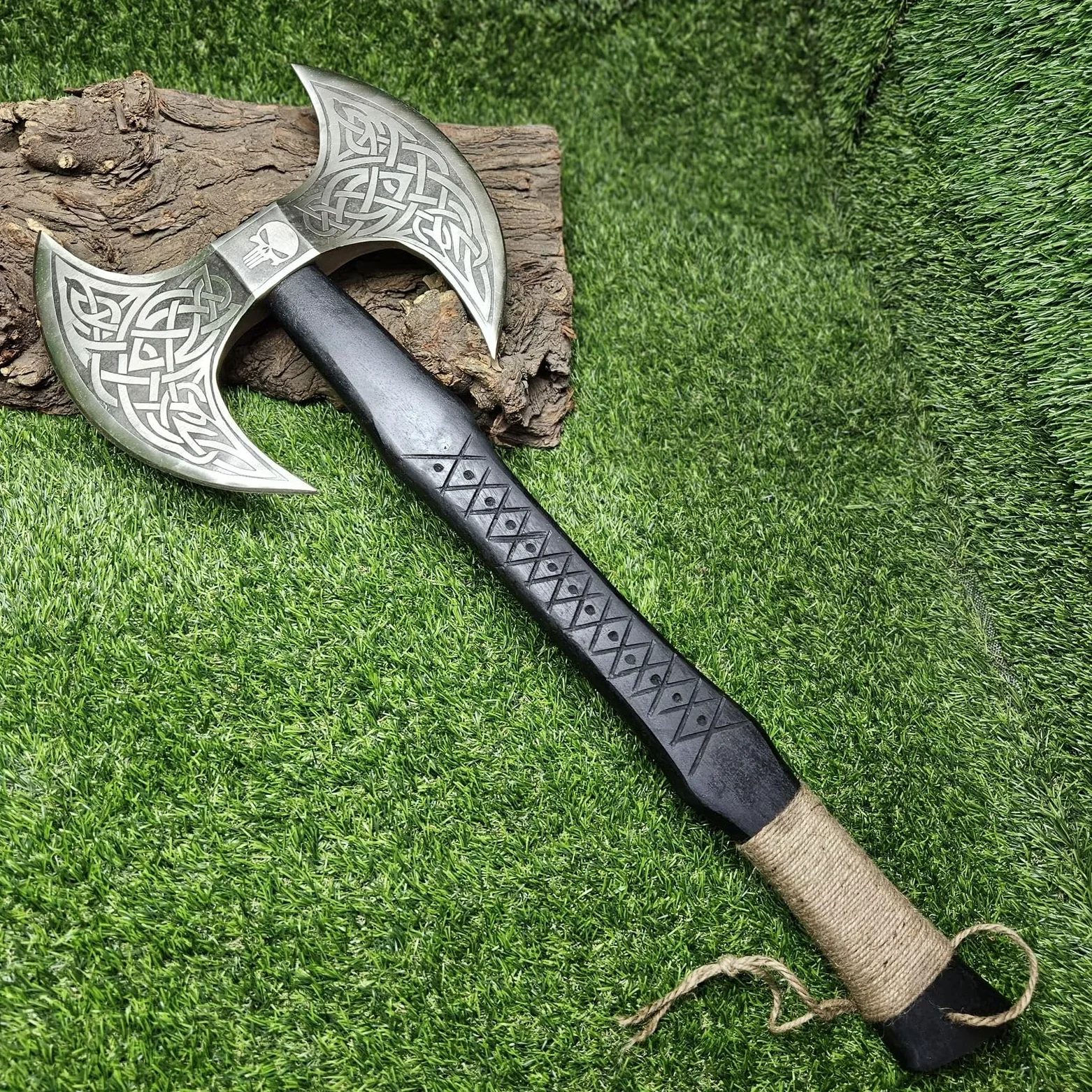 AX-7001 - Hacha vikinga de acero al carbono forjado con eje de madera de rosa, hacha de doble filo