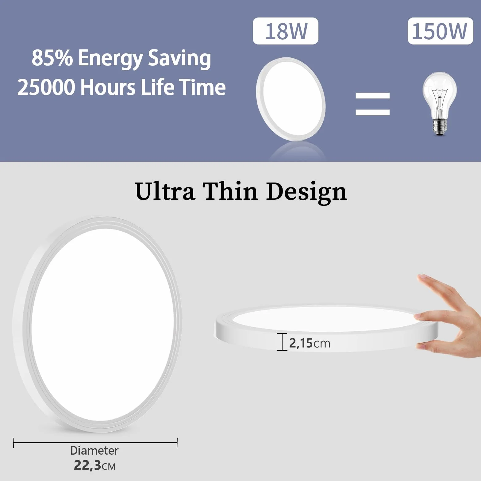 Plafon LED Redondo 18W 1600LM 3000K IP44 Ø22CM Lámpara de Techo Baño Cocina Interior